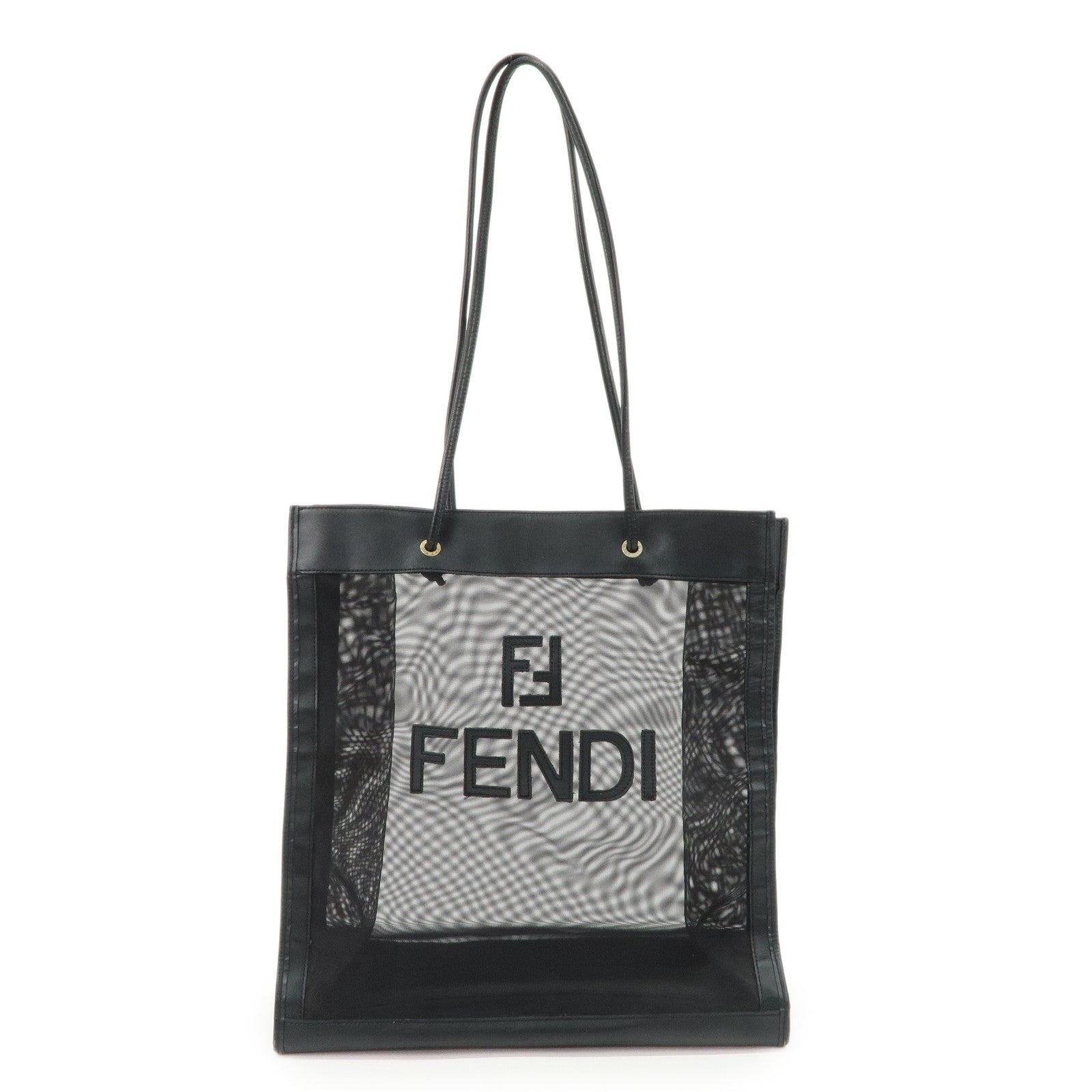 FENDI Mesh Leather Tote Bag Shoulder Bag Black Gold Hardware 259647
