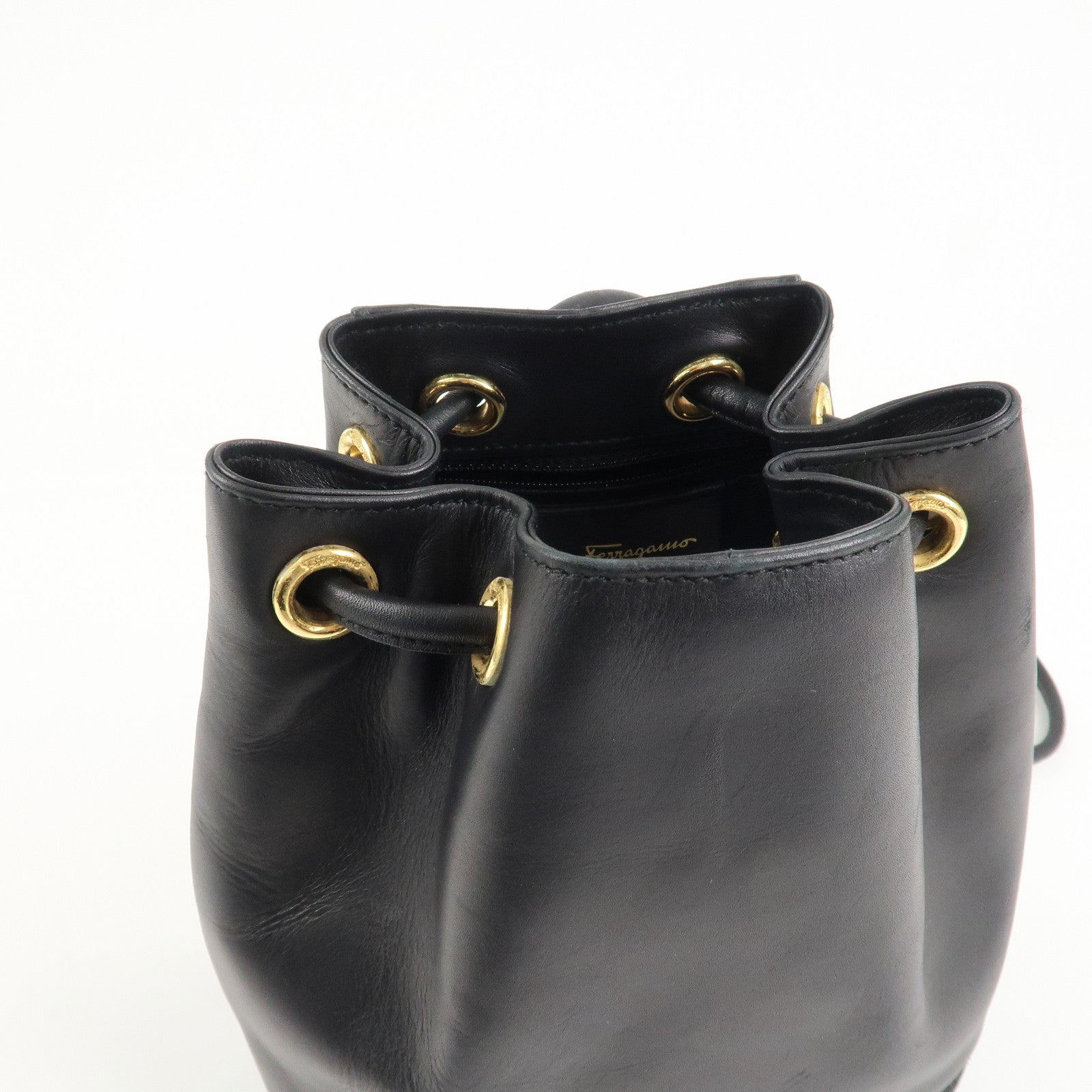 Ferragamo Vara Ribbon Leather Backpack Shoulder Bag Black AQ215676 Used