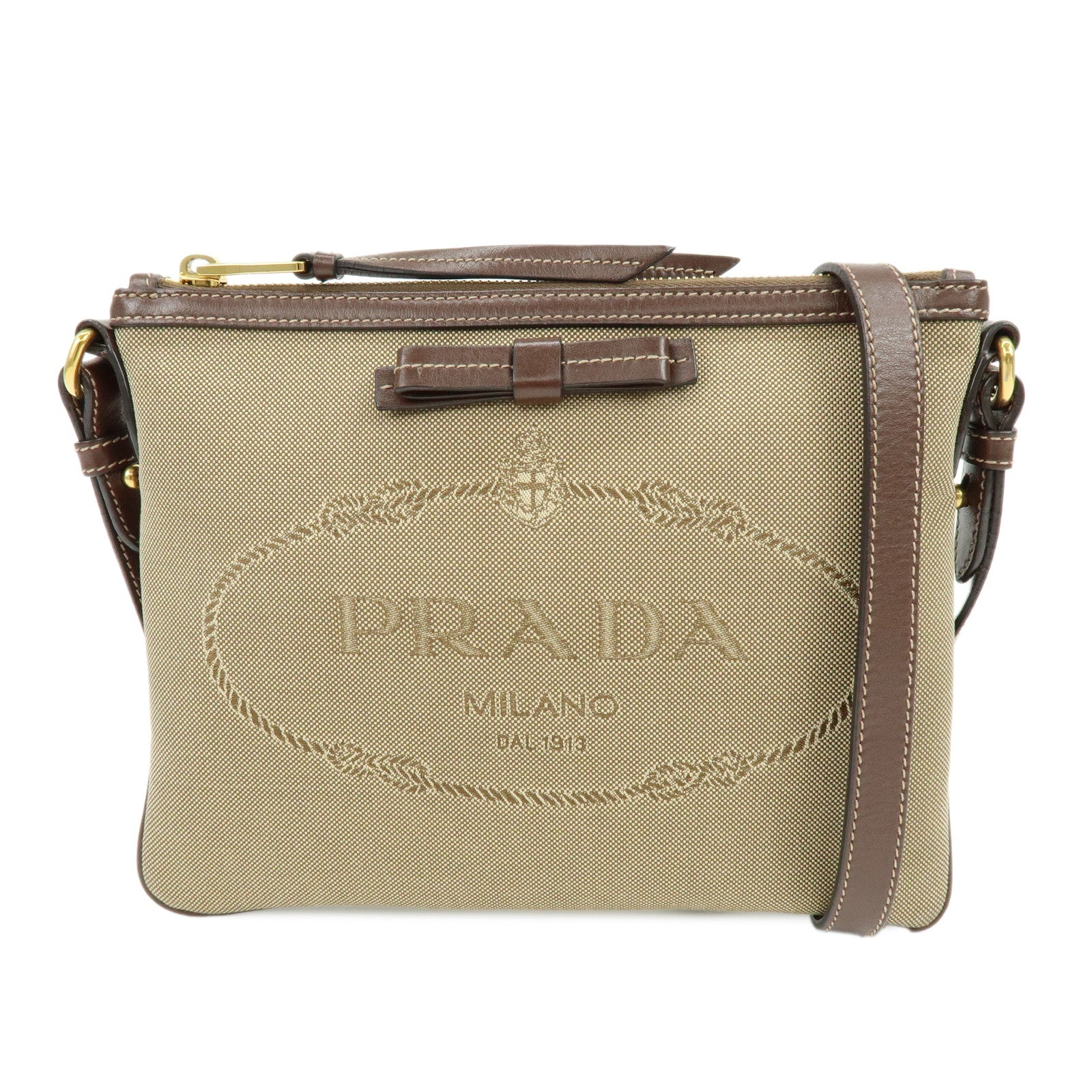 PRADA Jacquard Canvas Leather Shoulder Bag Crossbody Bag Brown