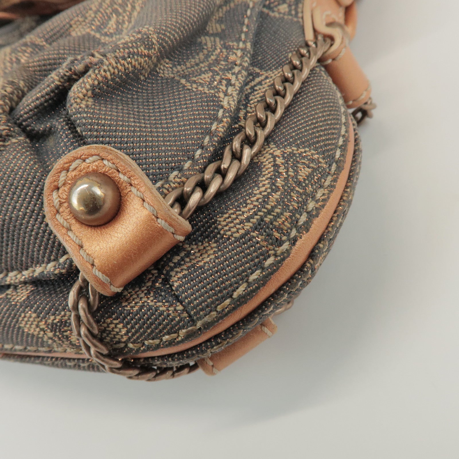 CELINE Macadam Denim Leather Shoulder Bag Metallic Pink Beige