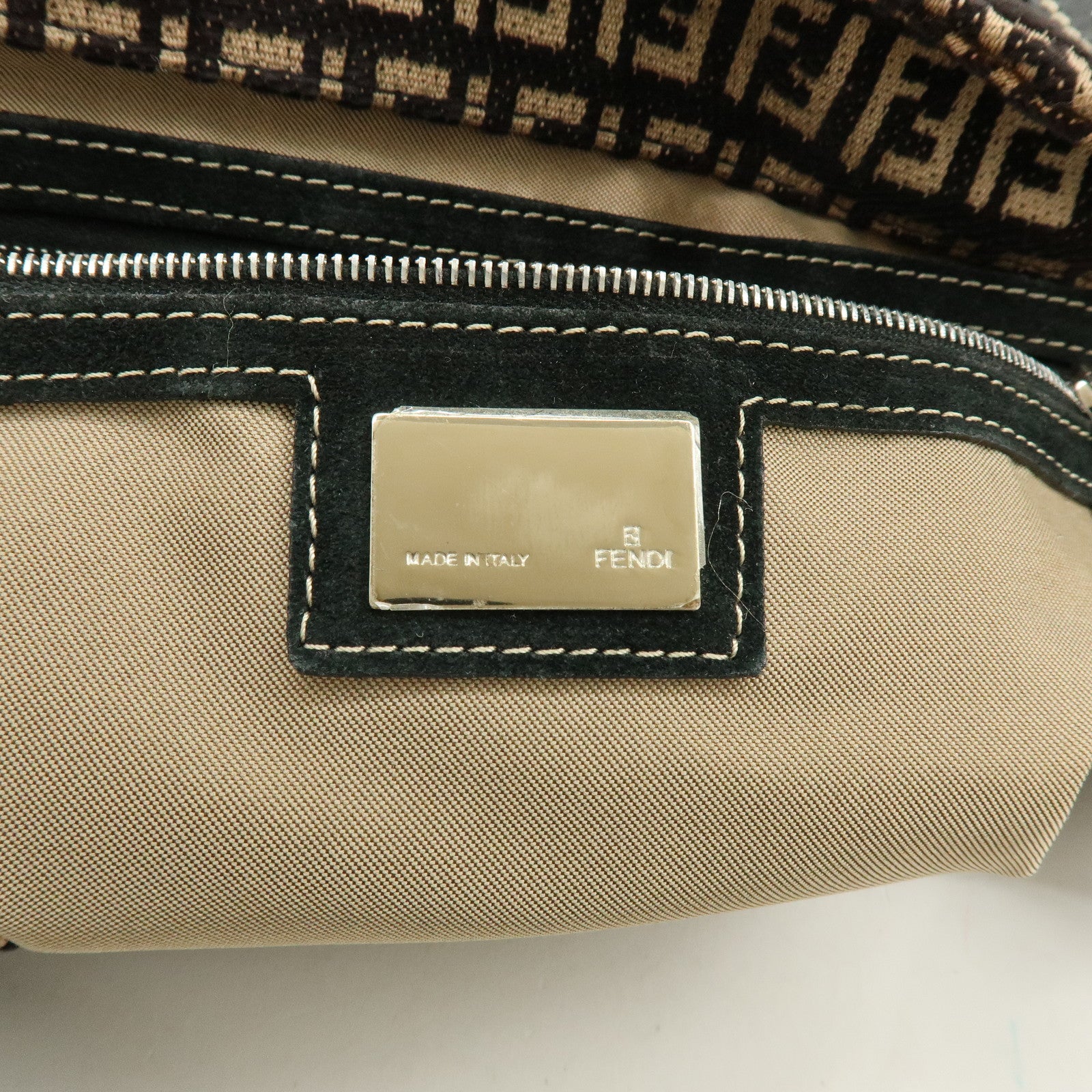 FENDI Zucchino Canvas Suede Leather Tote Bag Black Beige 8BR091