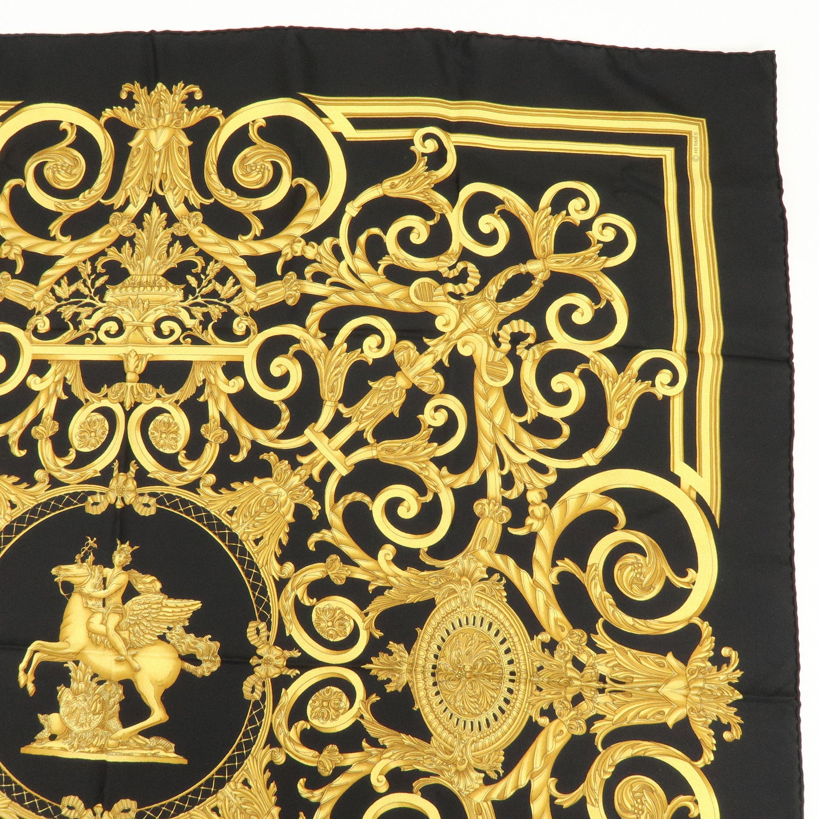 HERMES Carre 90 Silk 100% Scarf LES TUILERIES Black Gold
