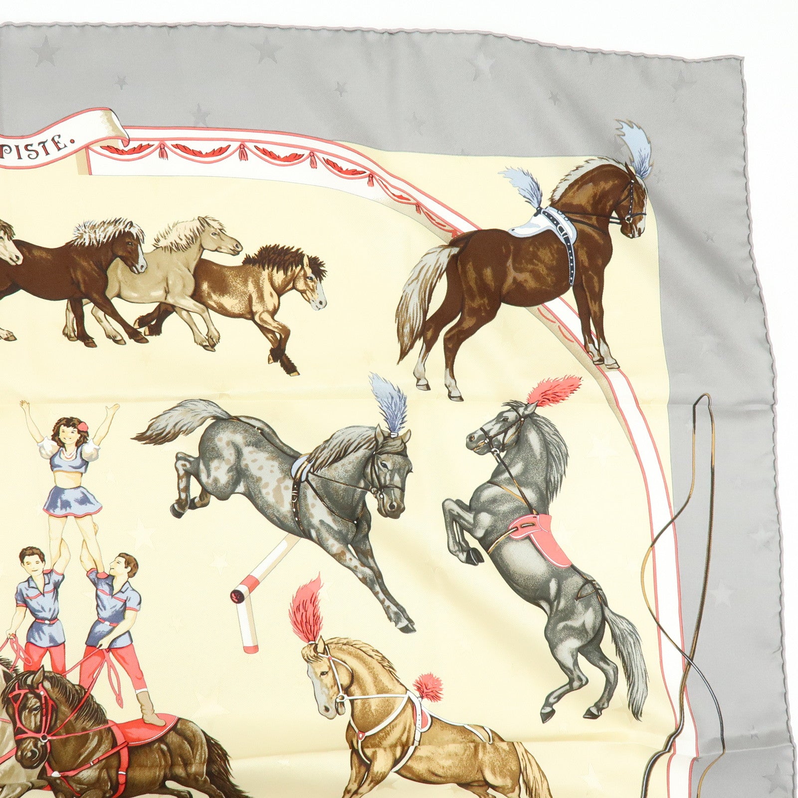 HERMES Carre 90 Silk 100% Scarf EN PISTE Horse Print Beige Gray