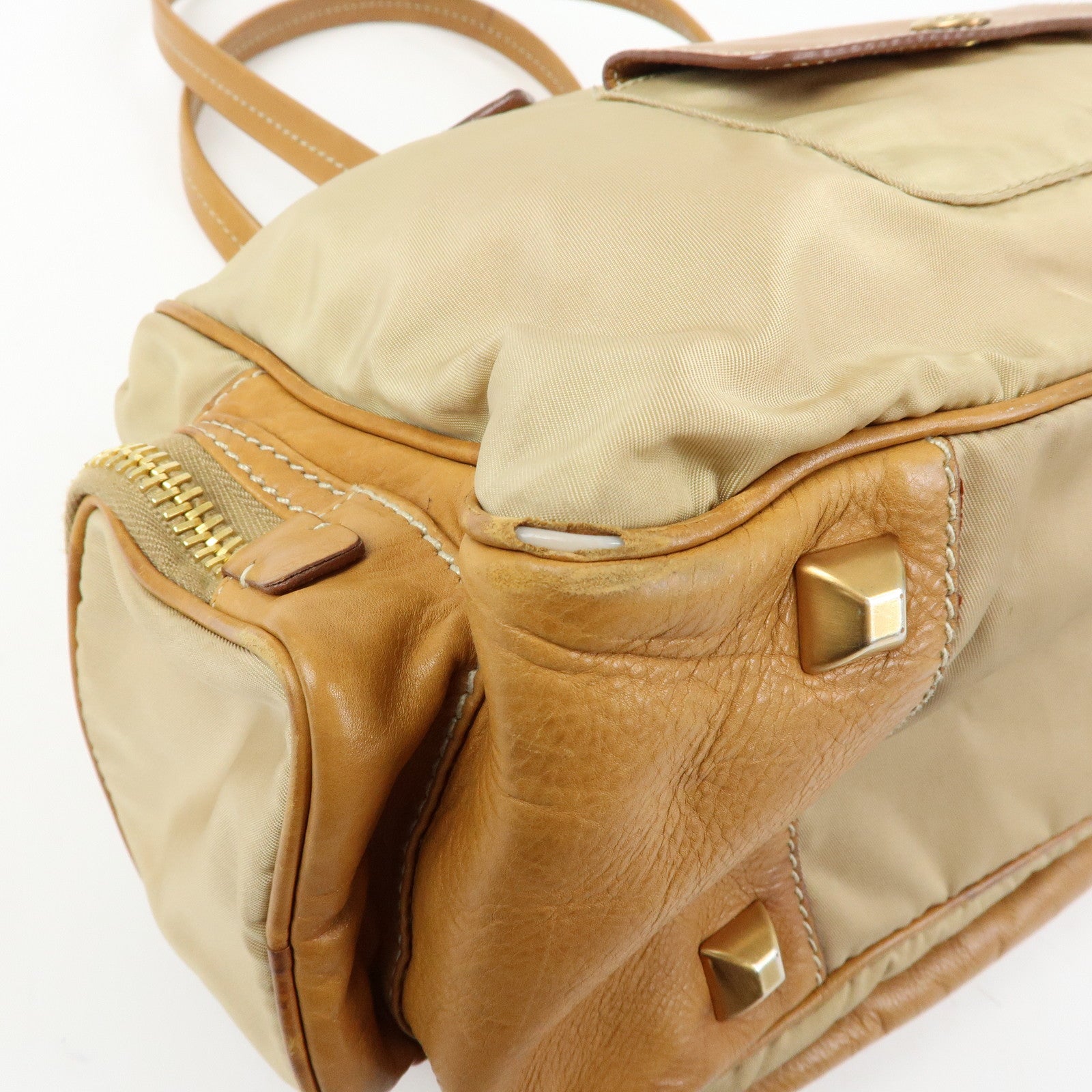 PRADA Triangle Logo Nylon Leather Shoulder Hand Bag Beige Brown