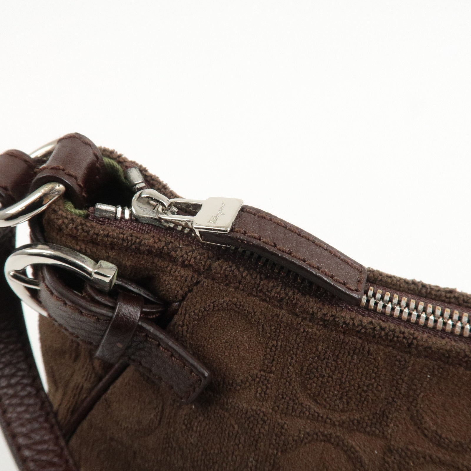 Ferragamo Gancini Leather Cotton Accessory Pouch Hand Bag Brown