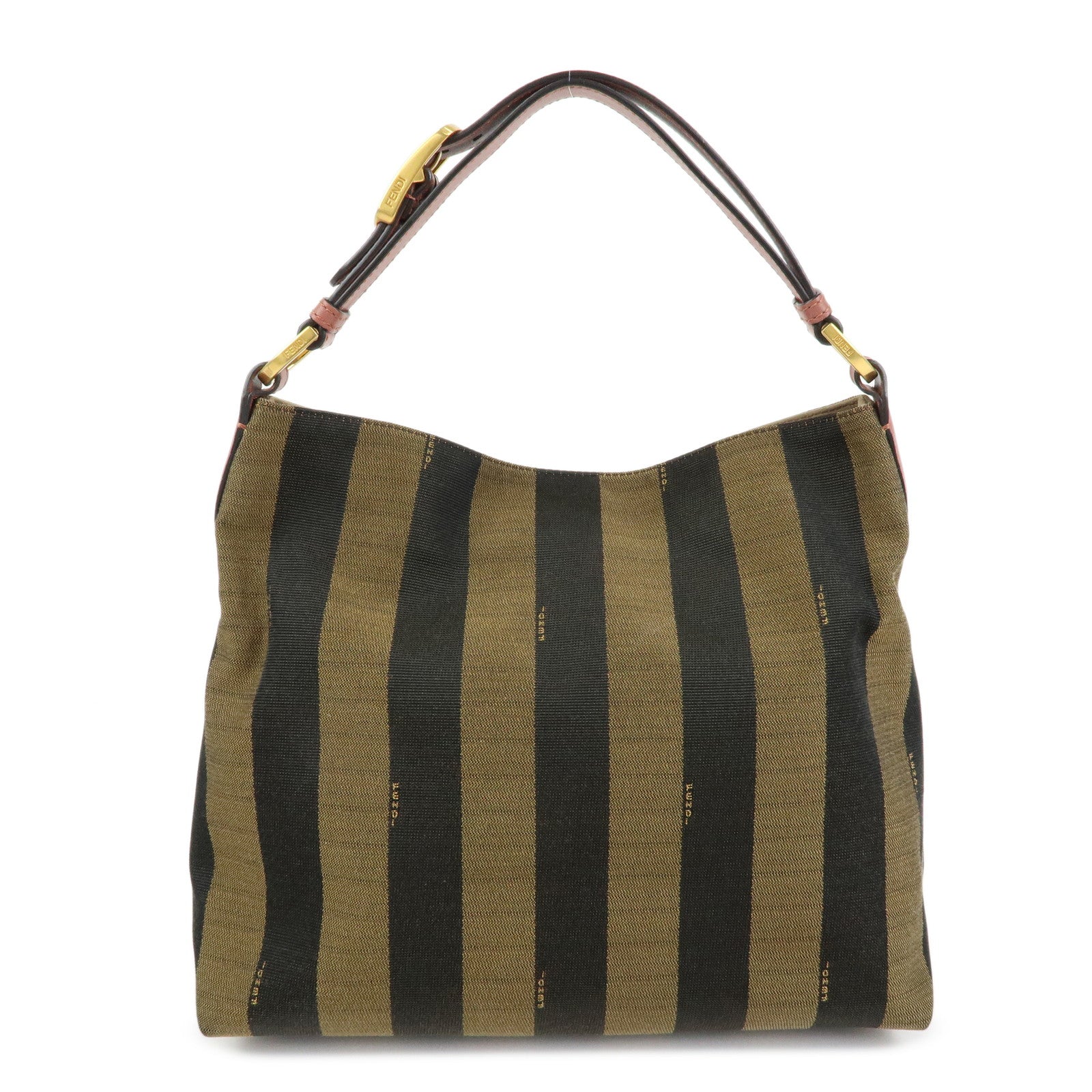 FENDI Pequin Canvas Leather Shoulder Bag Brown Pink 8BR669