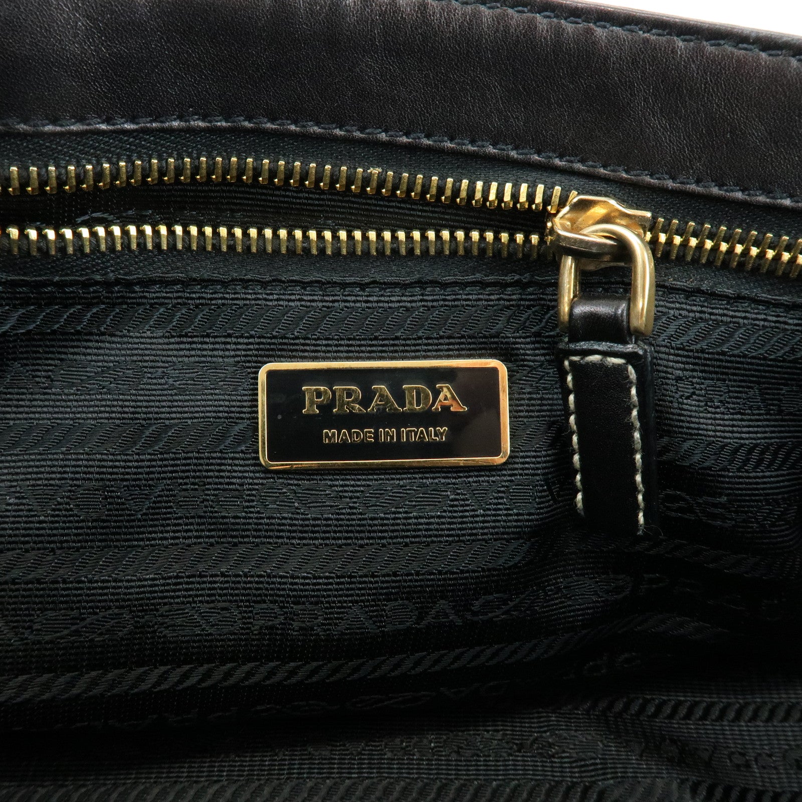 PRADA Logo Leather Stitch Shoulder Bag Hand Bag Black
