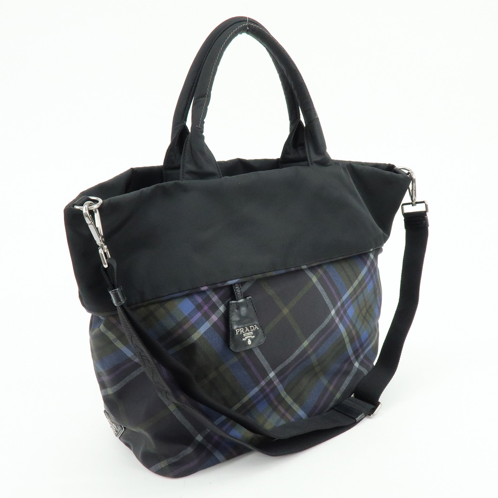 PRADA Triangle Logo Plaid Nylon Leather 2Way Bag Hand Shoulder Bag