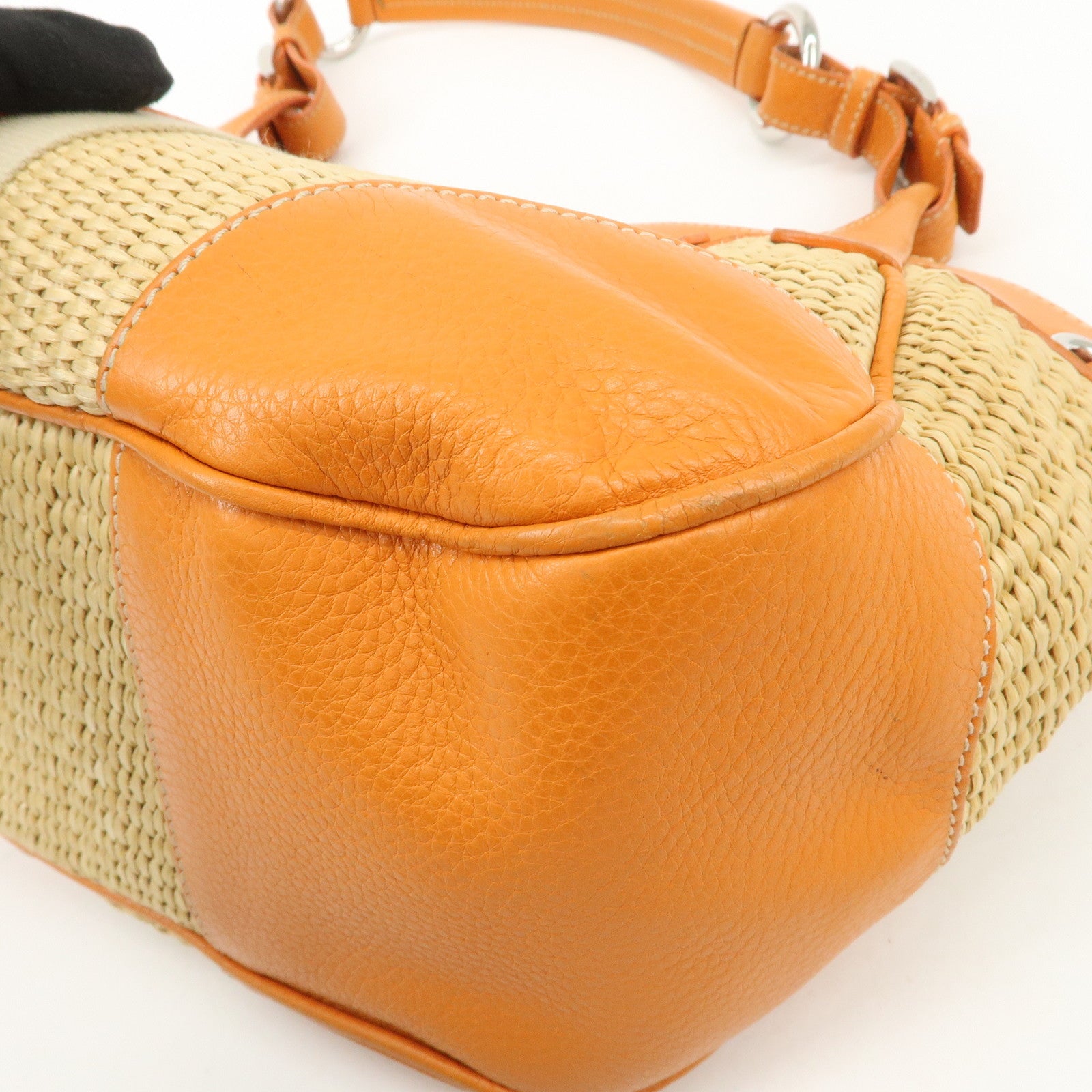 PRADA Triangle Logo Raffia Leather Shoulder Bag Beige Orange