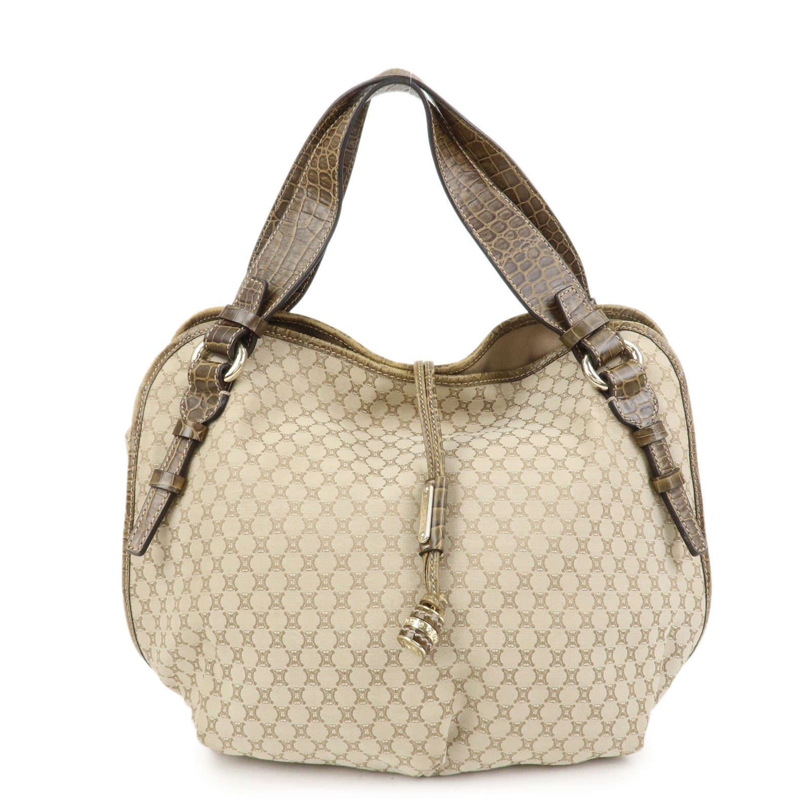 CELINE Macadam Logo Canvas Emboss Leather Shoulder Bag Beige Brown