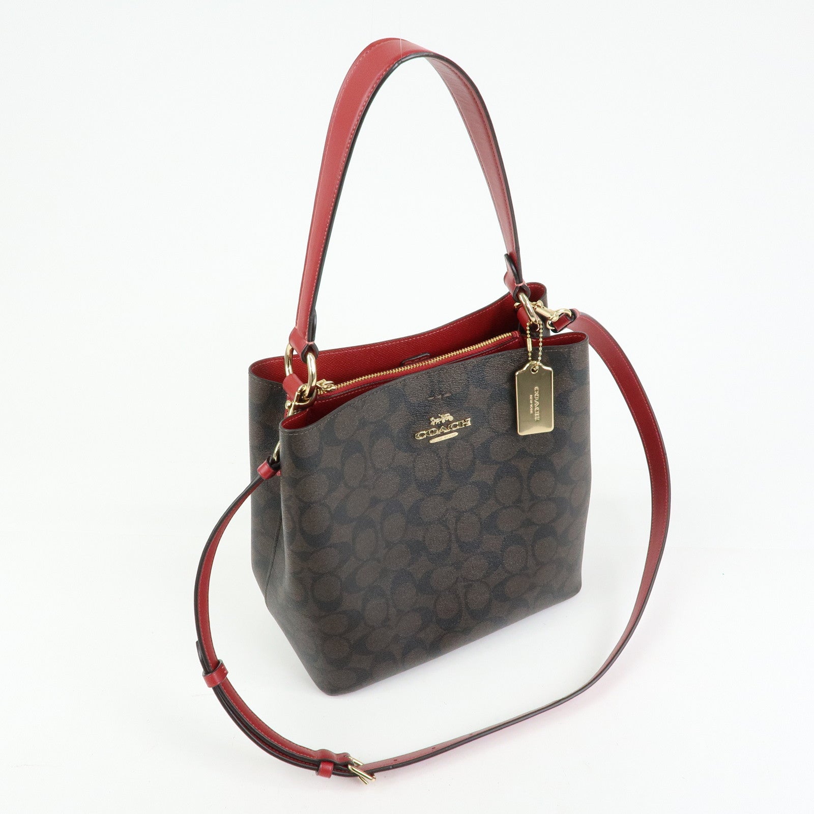 COACH Signature PVC 2Way Shoulder Bag Hand Bag Dark Brown Red