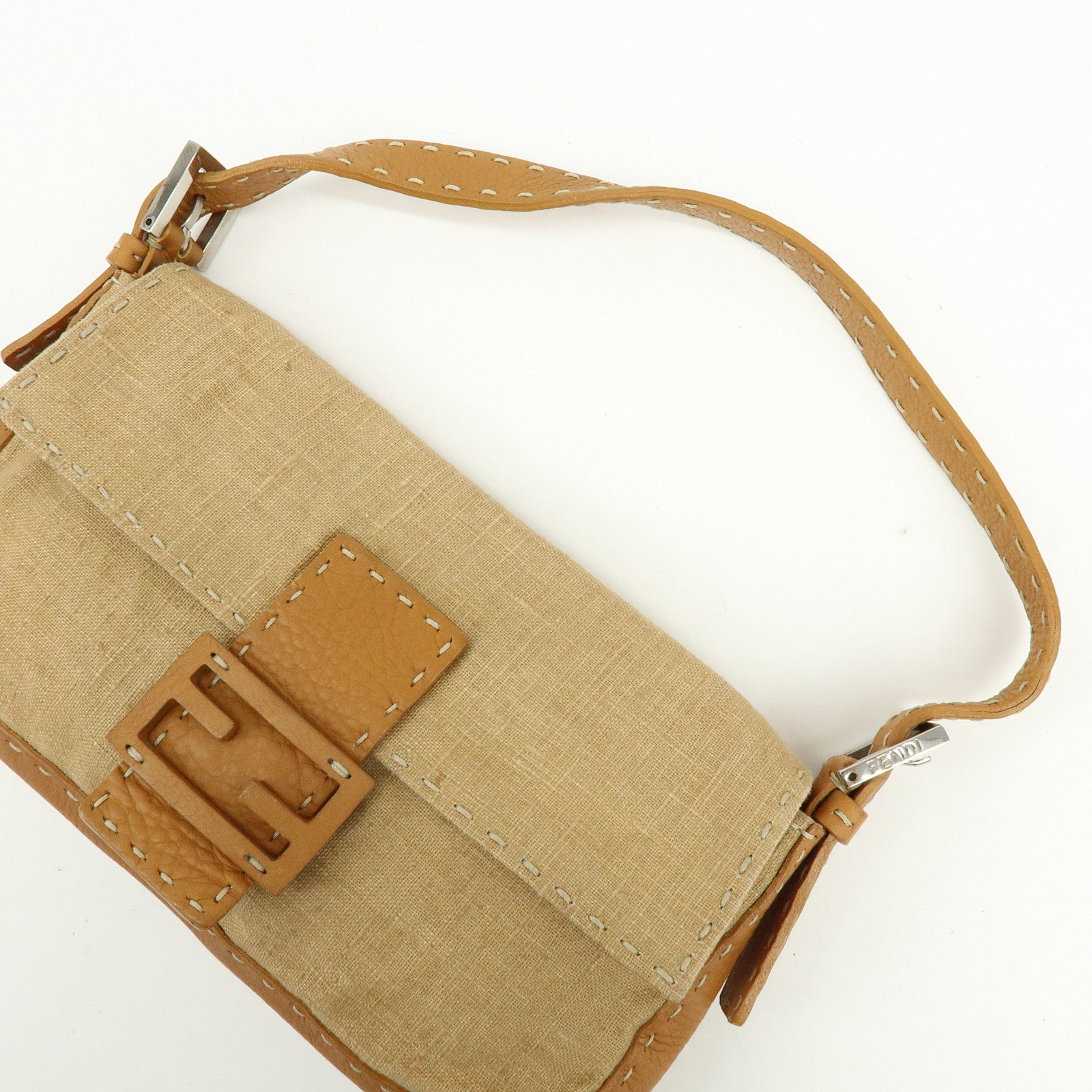 FENDI Mamma Baguette Selleria Linen Leather Shoulder Bag 8BR101