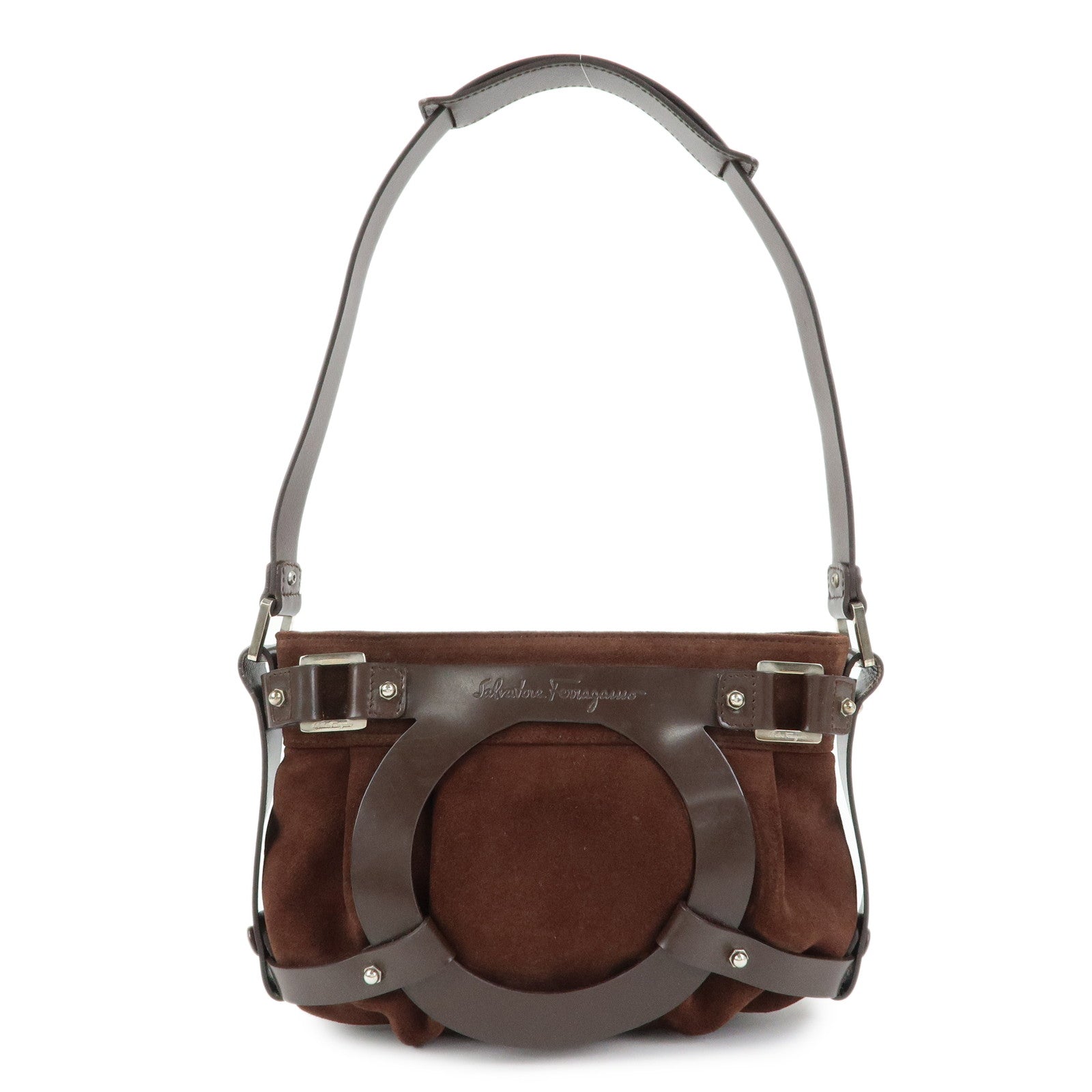 Ferragamo Gancini Suede Leather Hand Bag Shoulder Bag Dark Brown