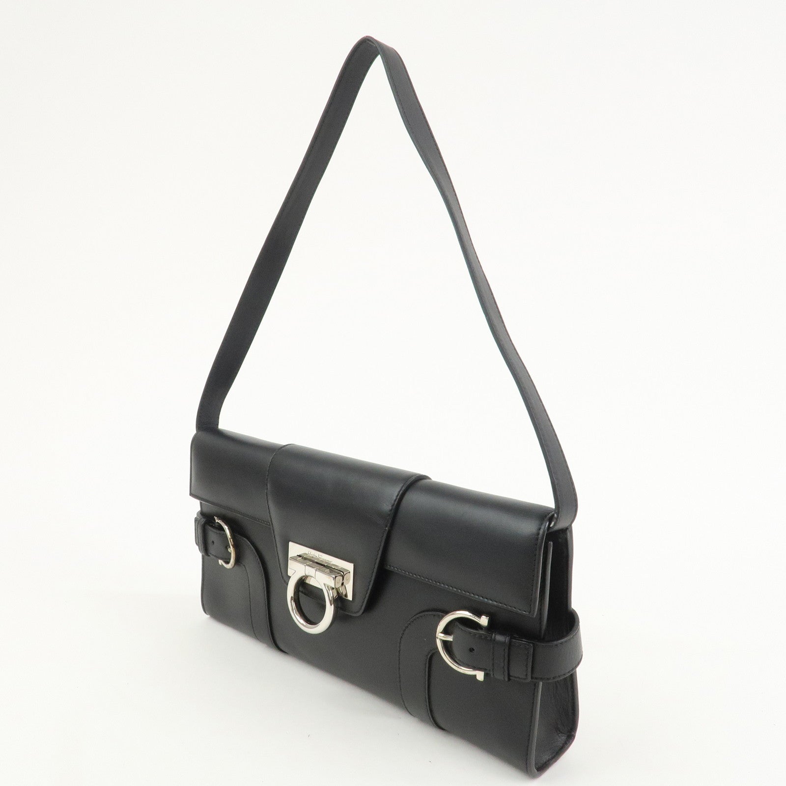 Ferragamo Gancini Leather 2Way Bag Hand Bag Shoulder Bag Black