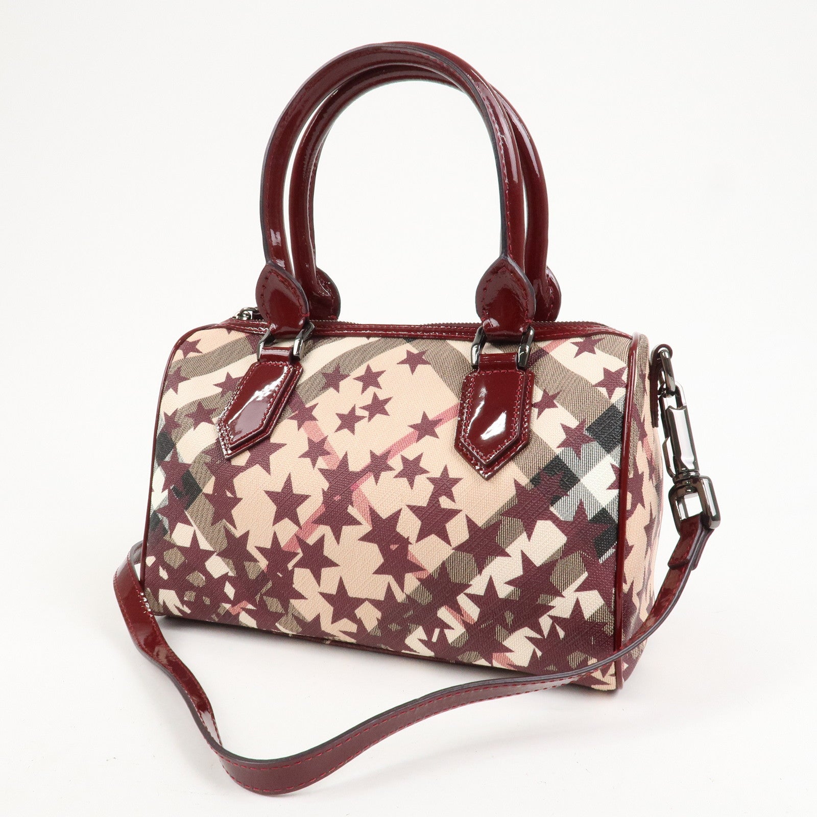 BURBERRY PVC Canvas Patent Leather Boston Bag Beige Bordeaux
