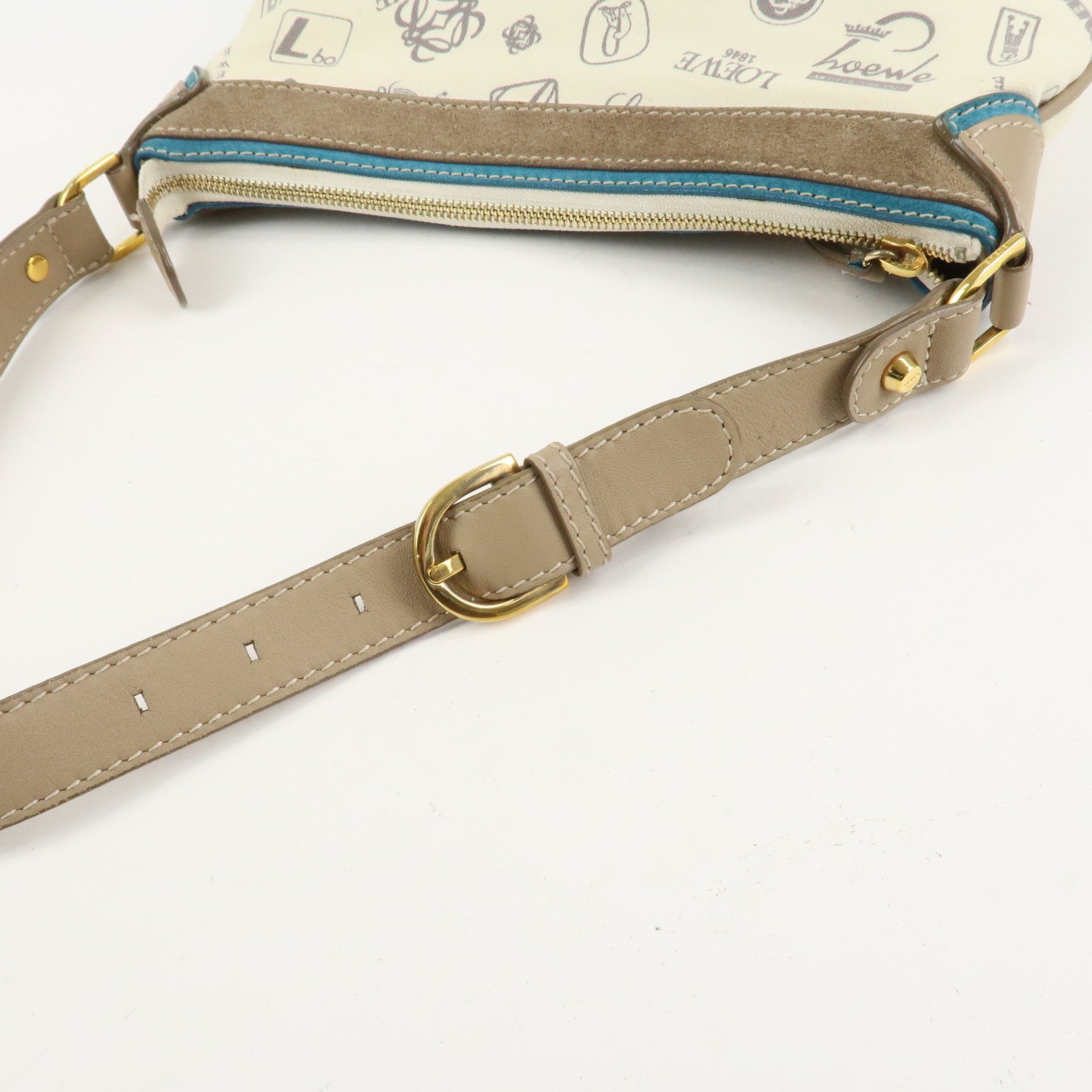 LOEWE Anagram Canvas Suede Leather Shoulder Bag Beige Blue Used