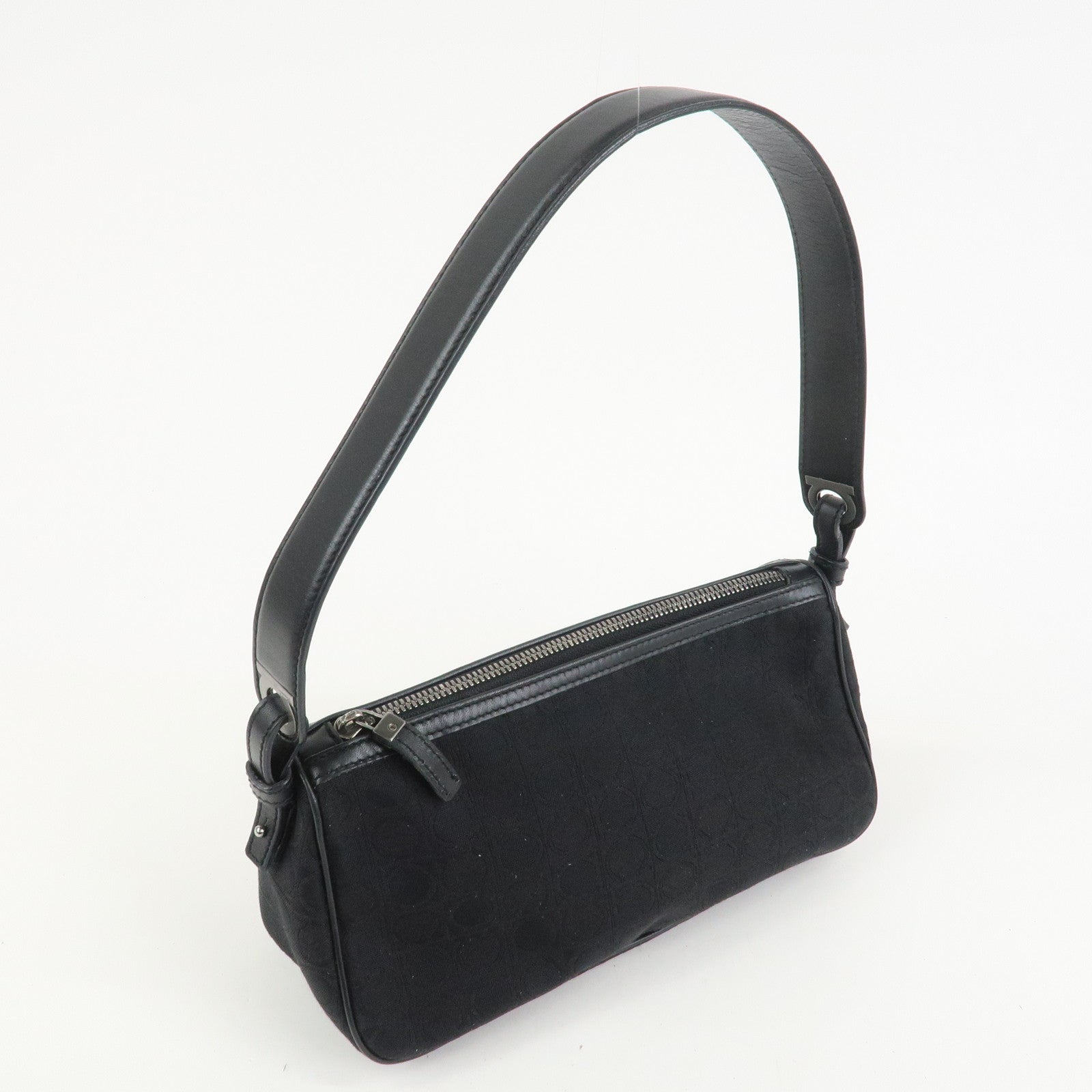 Ferragamo Gancini Canvas Leather Shoulder Bag Hand Bag Black