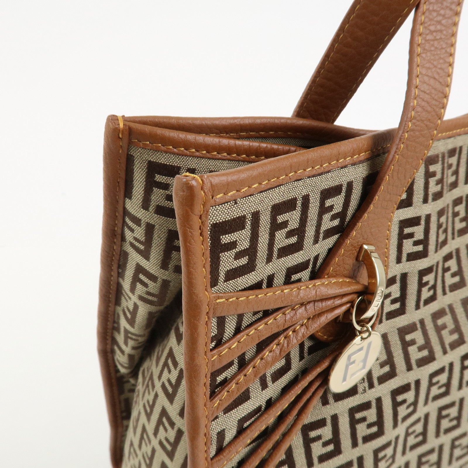 FENDI Zuccino Canvas Leather Tote Bag Hand Bag Brown 8BH153