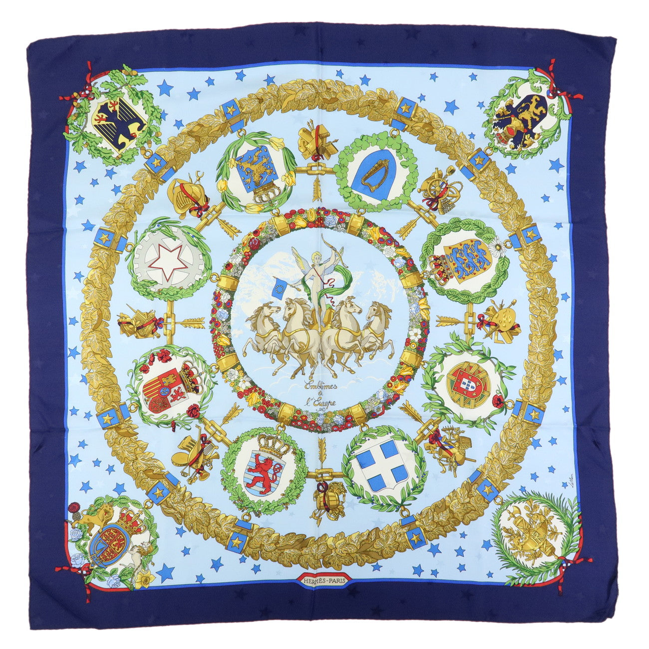 HERMES Carre 90 Silk 100% Scarf Emblemes de L’Europe Light Blue