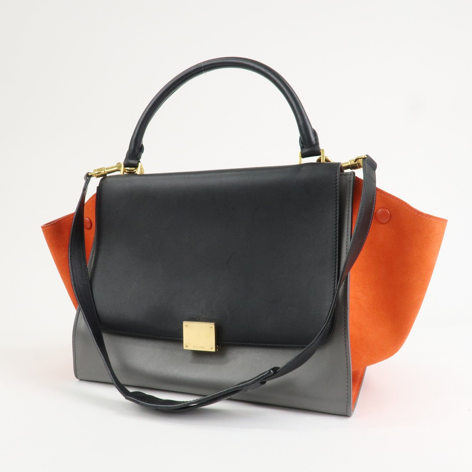 CELINE Trapeze Leather Suede 2Way Hand Shoulder Bag Black Orange