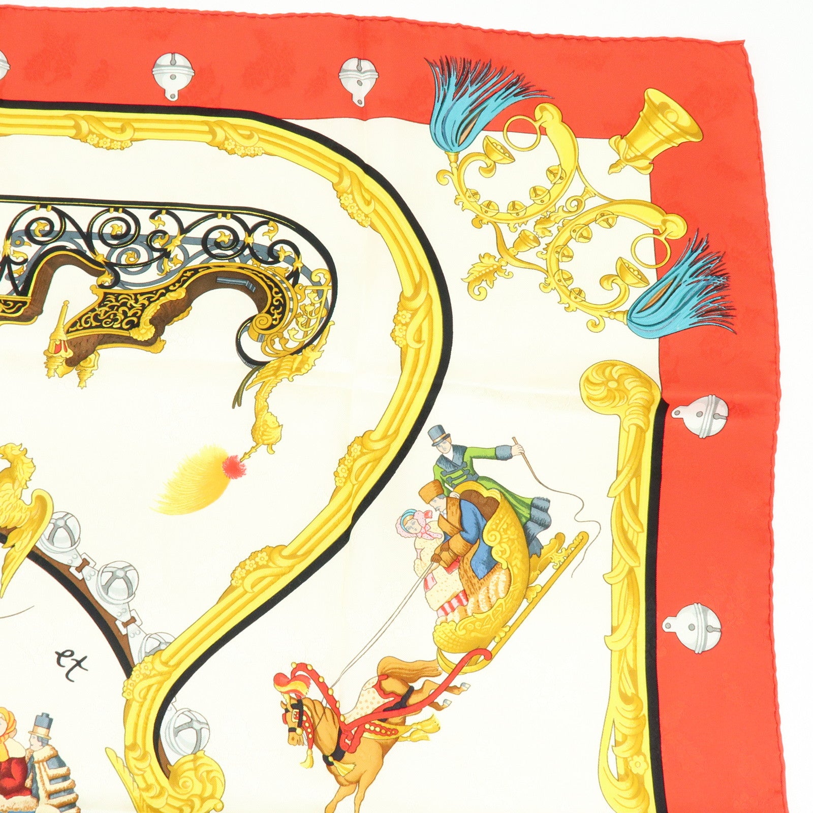 HERMES Carre 90 100% Silk Plumes et Grelots Scarf White Red