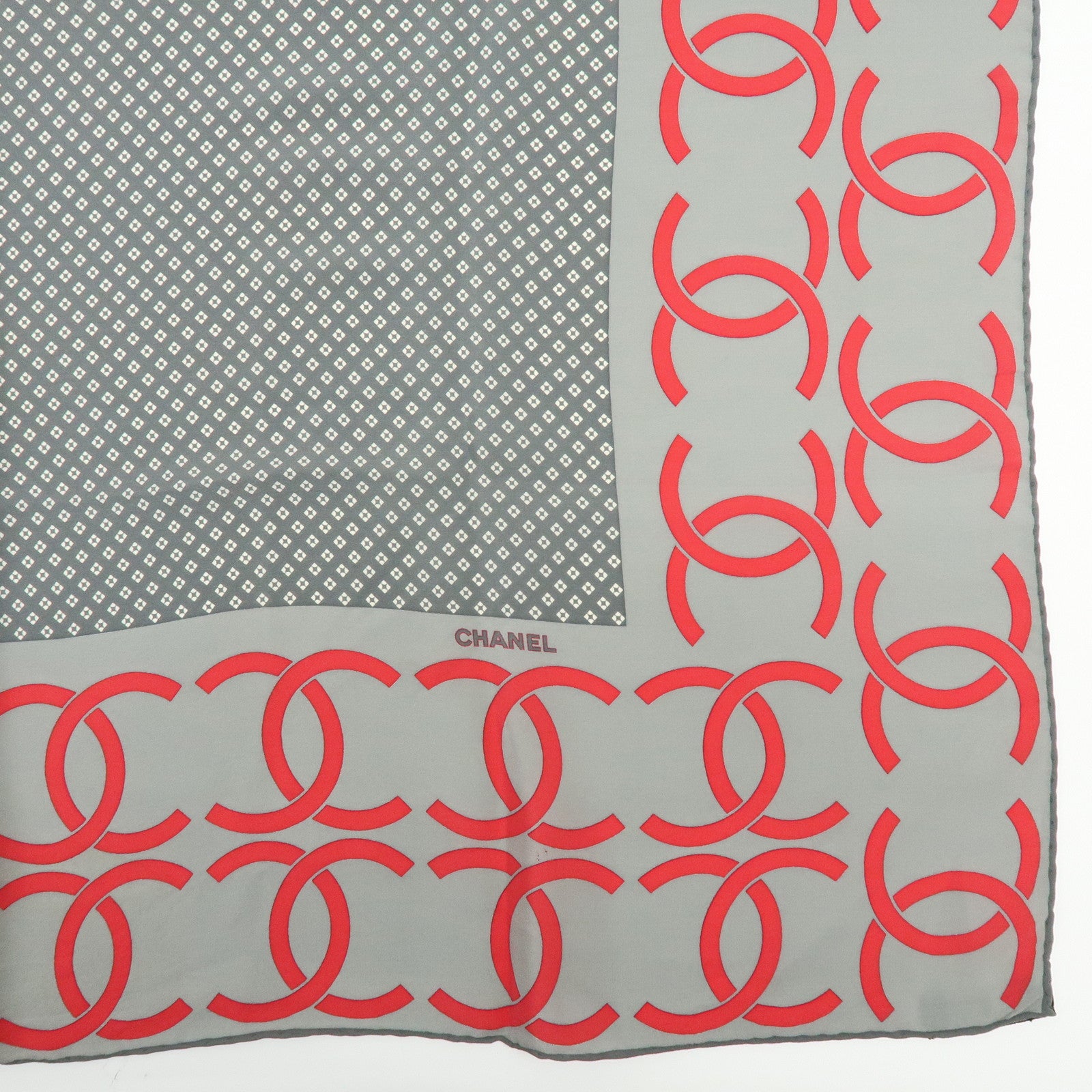 CHANEL COCO Mark Silk 100% Scarf Shawl Geometric Pattern Gray Red