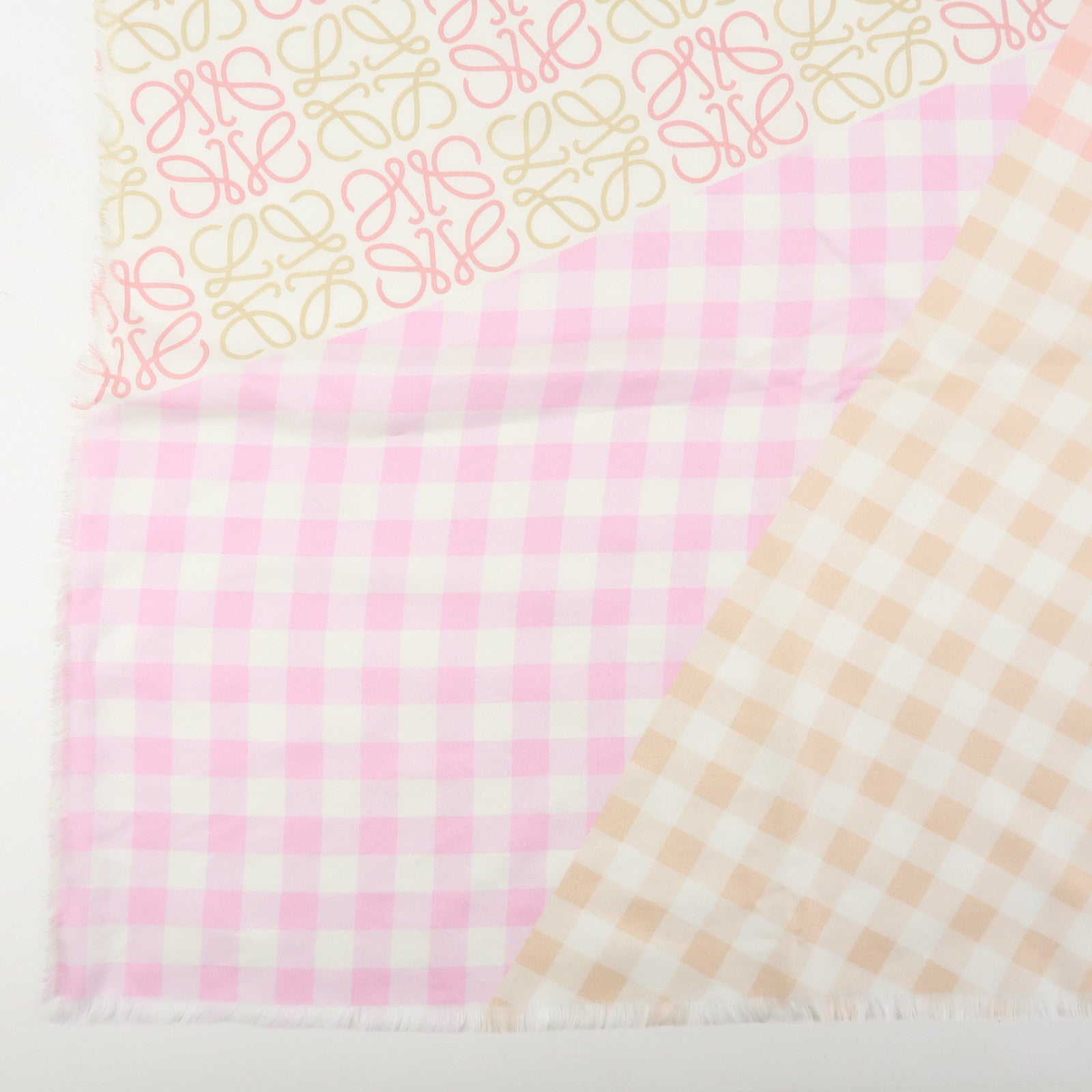 LOEWE Anagram Silk 100% Scarf Gingham Check Pink Beige