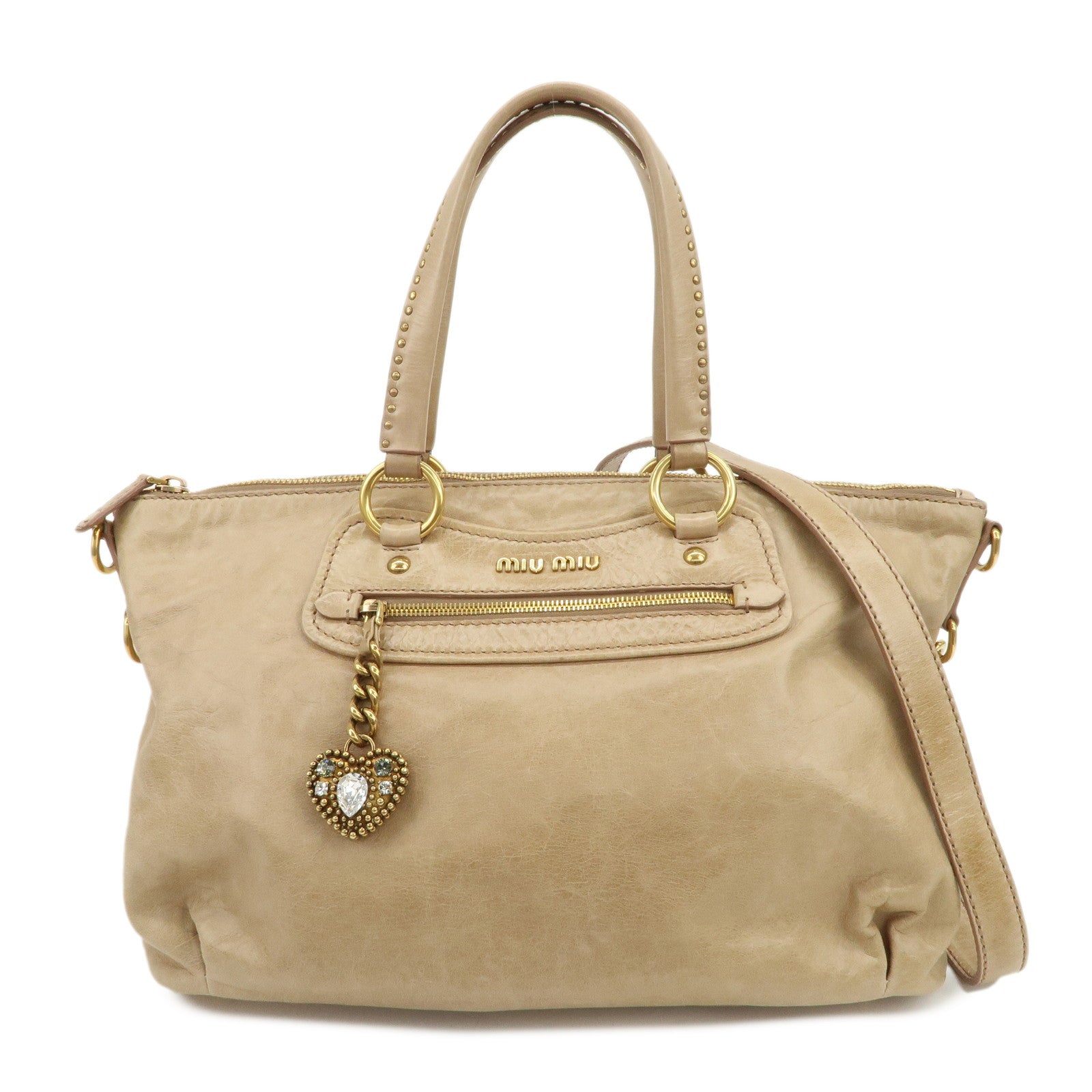 MIU MIU Logo Leather 2Way Bag Hand Bag Shoulder Bag Beige RN0728