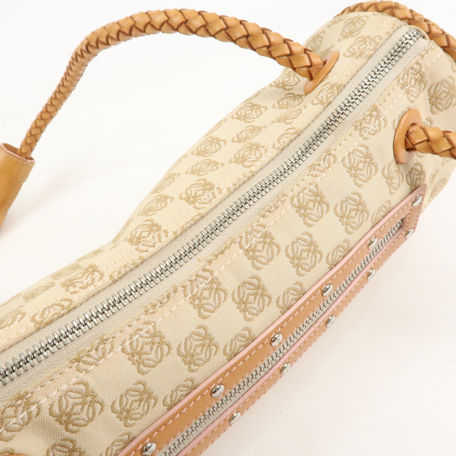 LOEWE Anagram Logo Canvas Shoulder Bag Leather Beige Light Brown