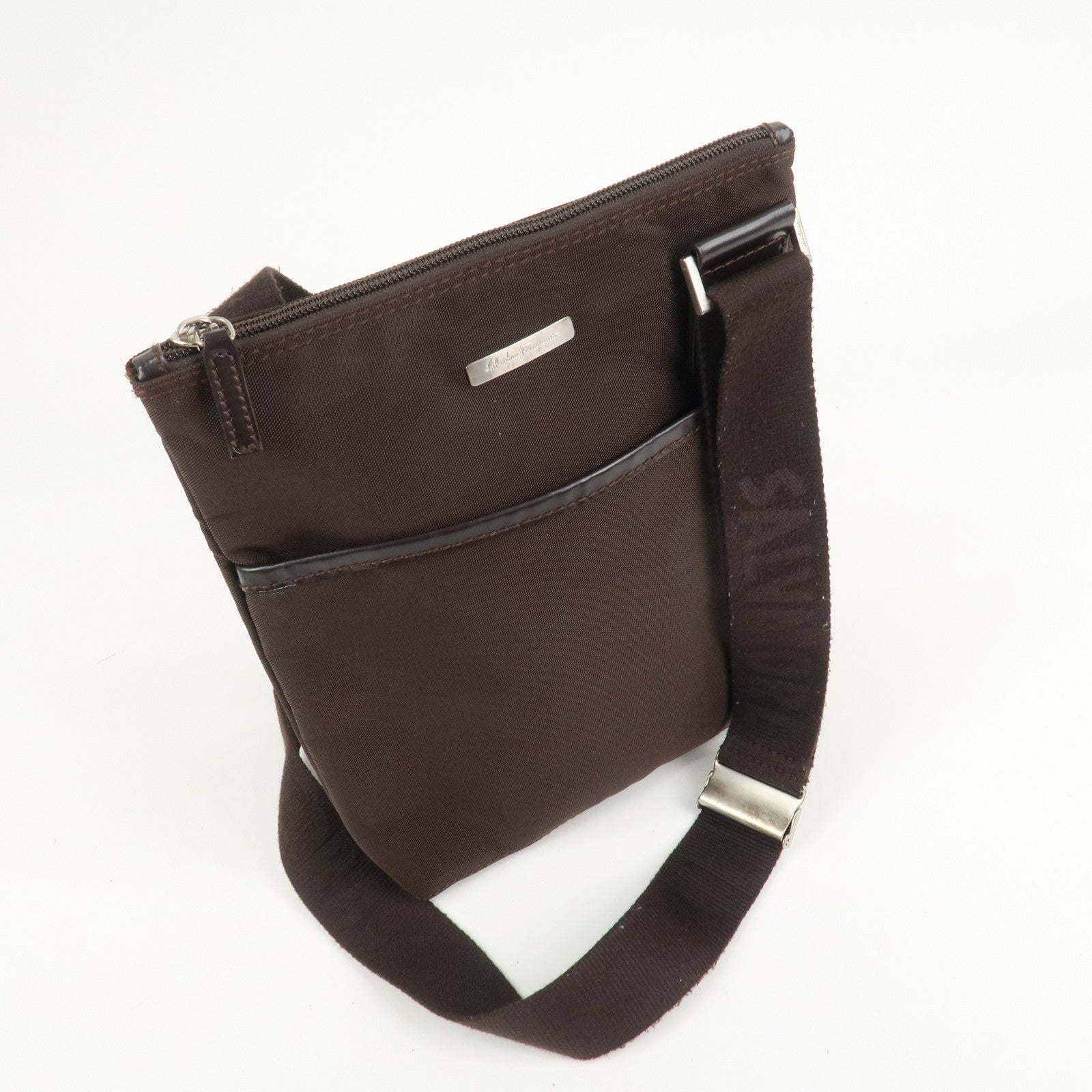 Ferragamo Nylon Leather Shoulder Bag Crossbody Bag Brown Silvern