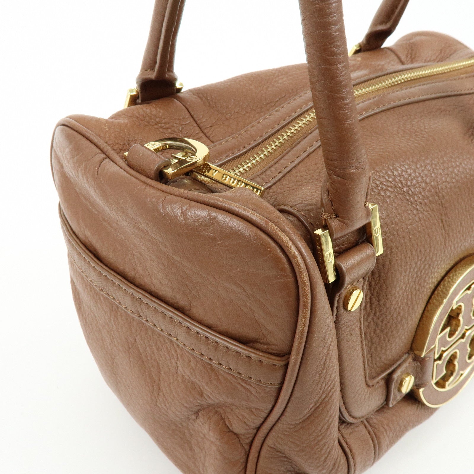 TORY BURCH Double T Leather 2Way Bag Hand Bag Mini Boston Bag Brown