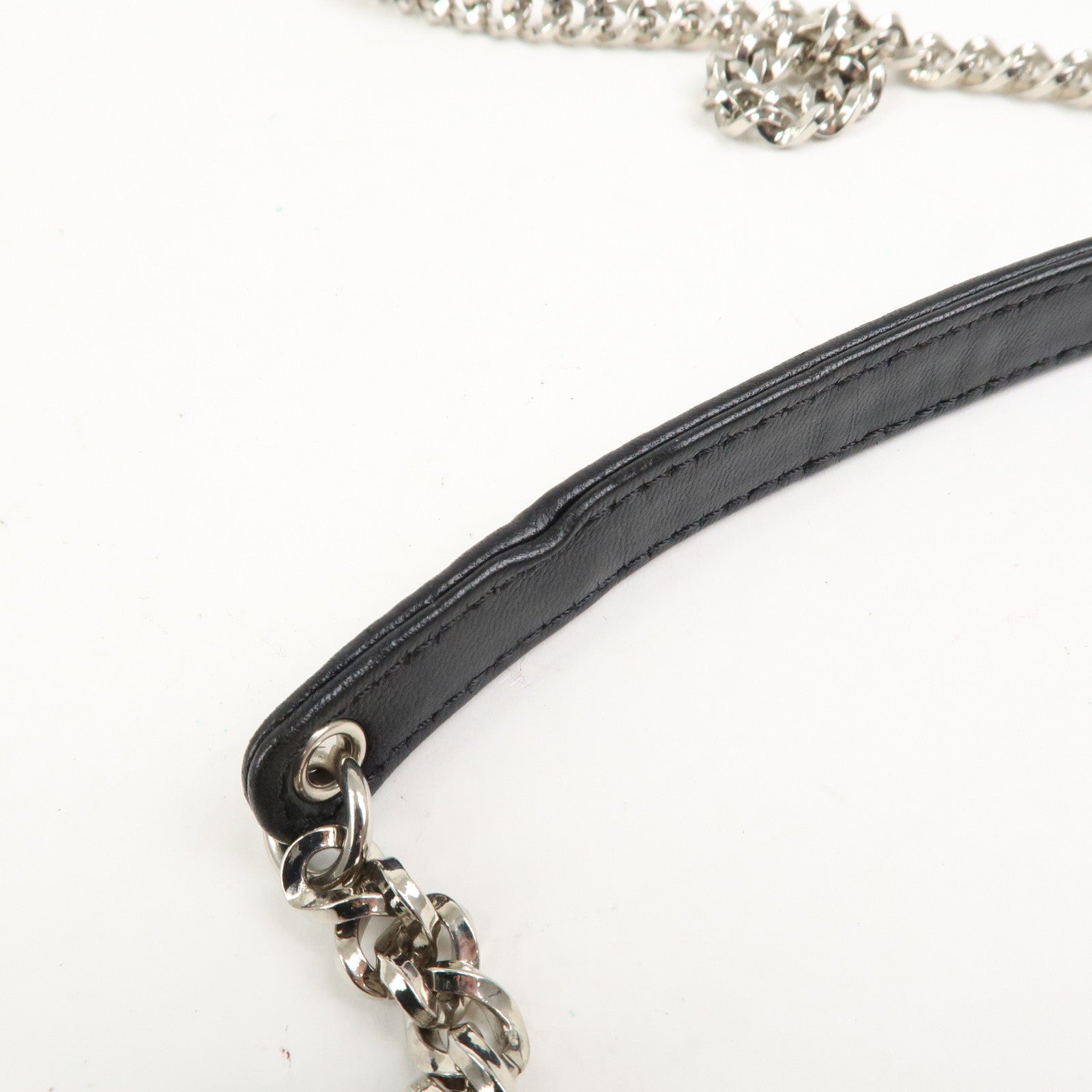 Christian Dior Leather Chain Shoulder Bag Heart Embroidery Black