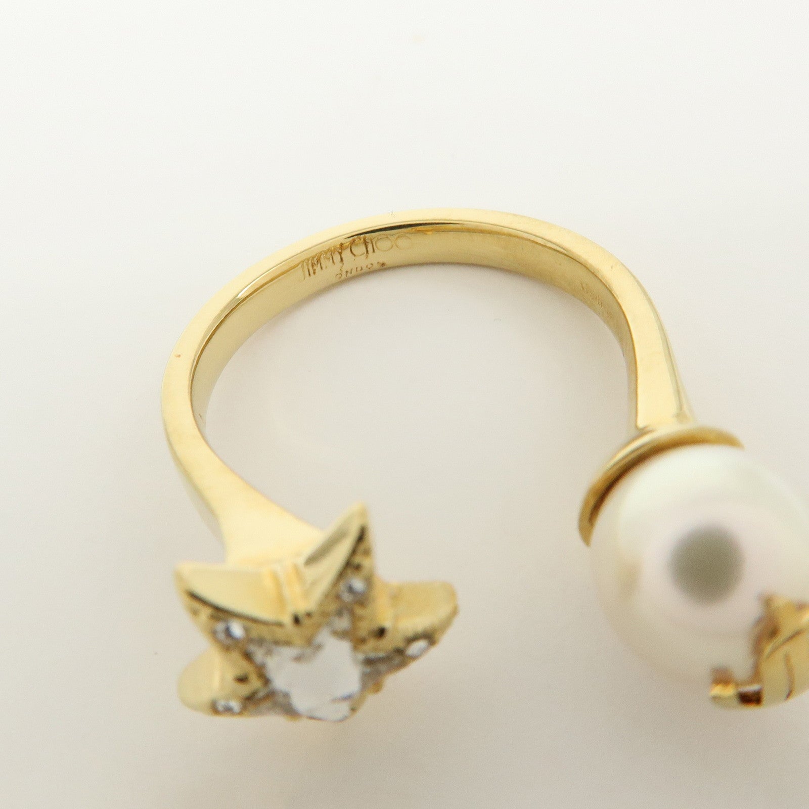 JIMMY CHOO Faux Pearl Crystal Metal Ring Gold Pearl White US8 EU56