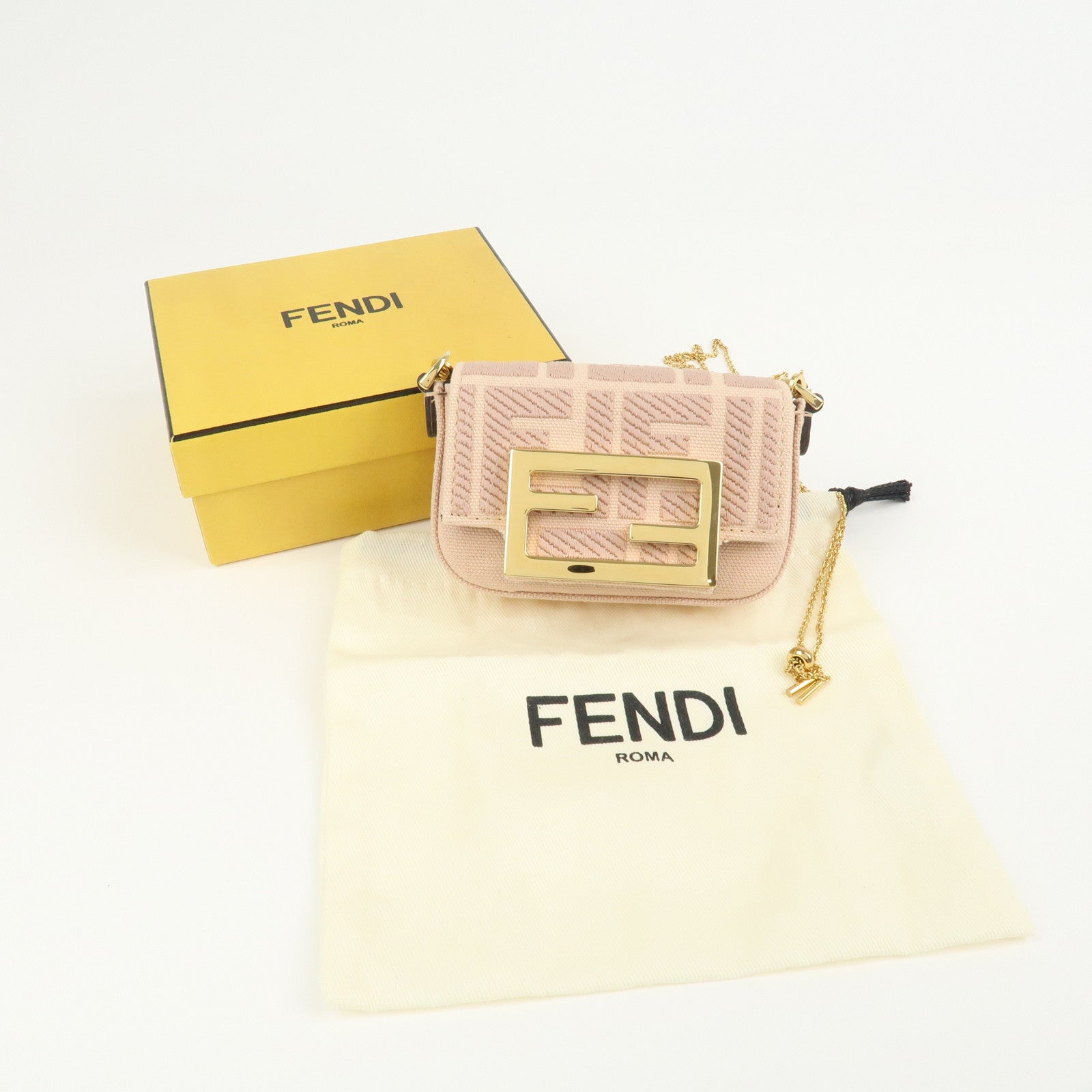 FENDI Zucca Nano Baguette Canvas Leather Chain Shoulder Bag 7AS045
