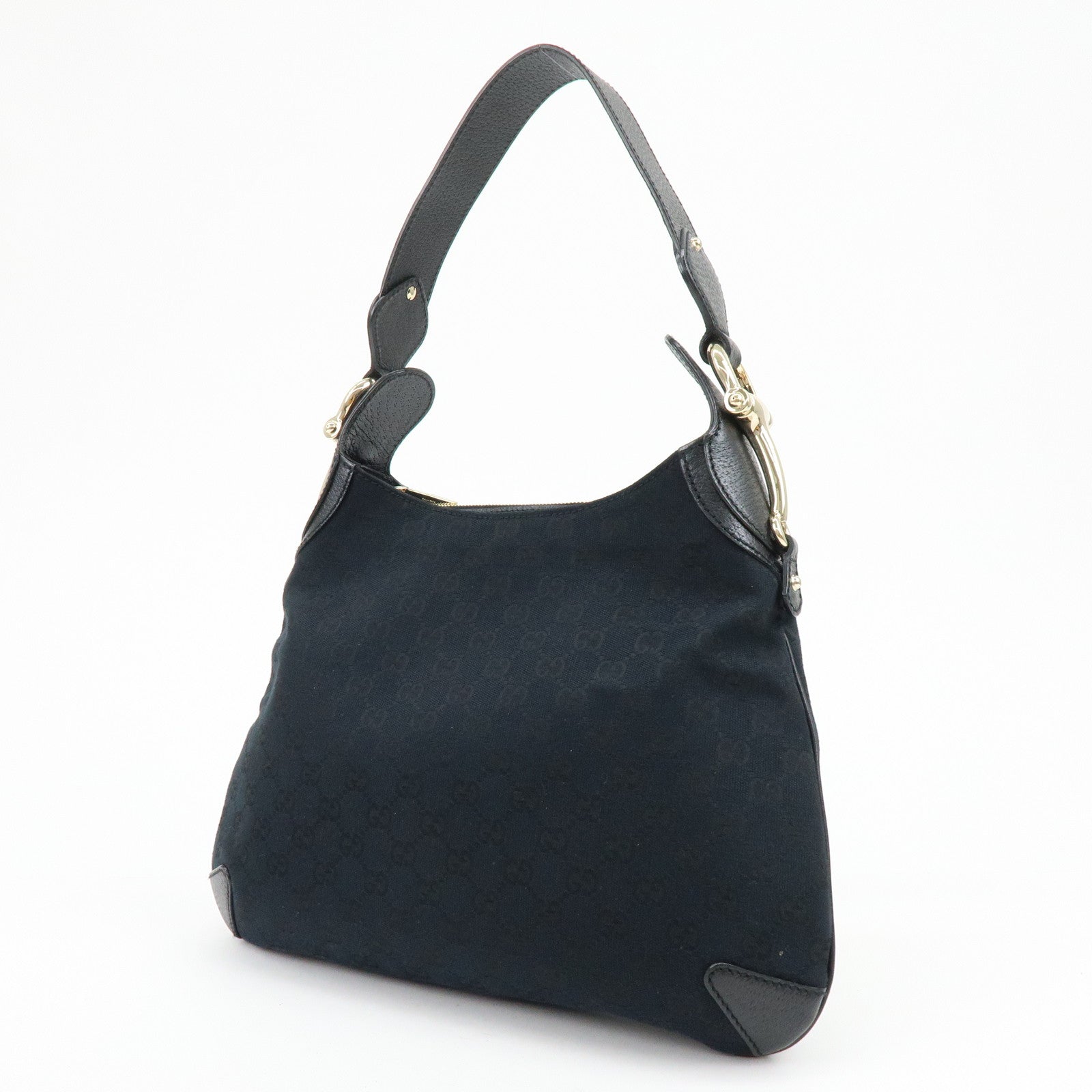 GUCCI Horsebit GG Canvas Leather Shoulder Bag Black 145826