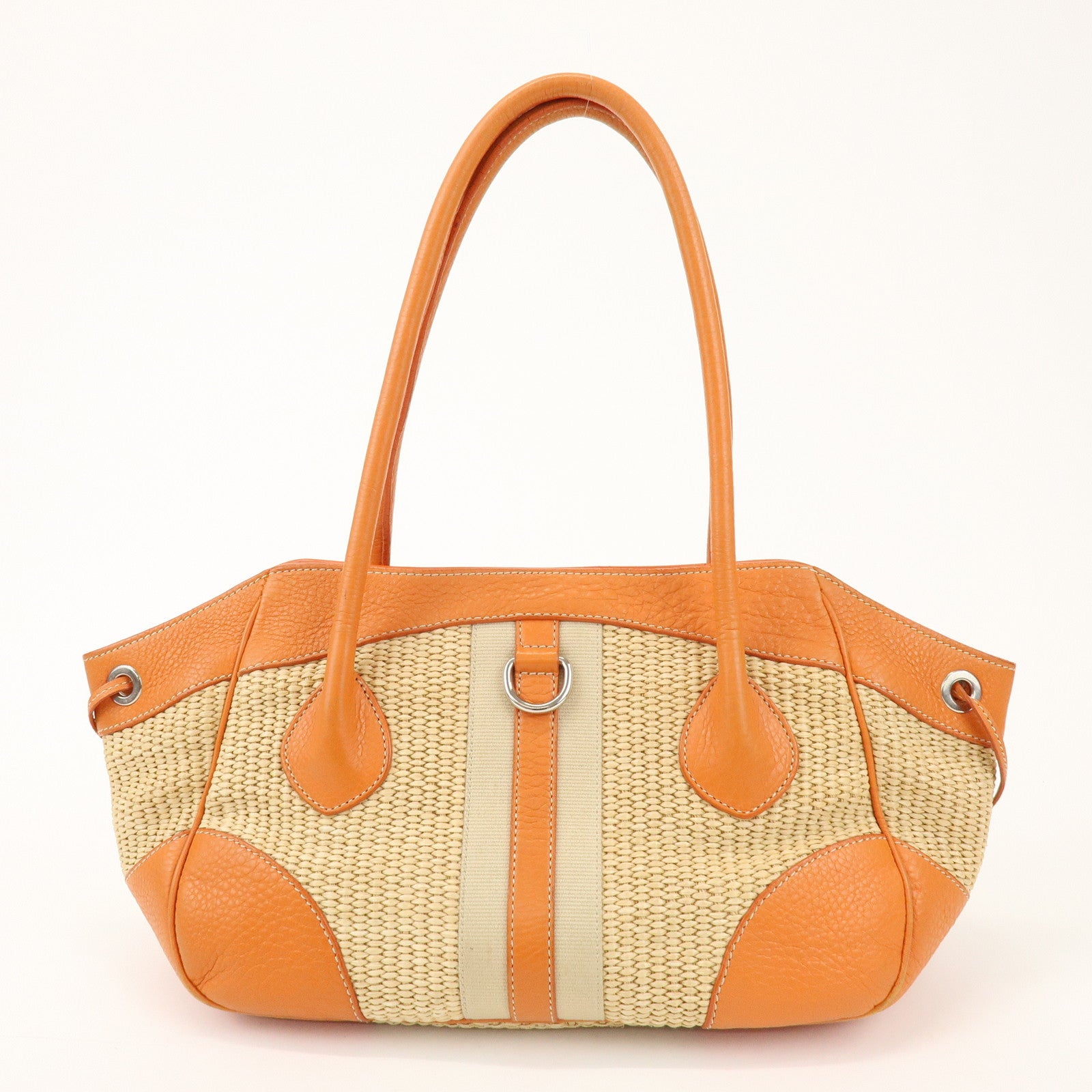 PRADA Triangle Logo Raffia Leather Shoulder Bag Natural Orange