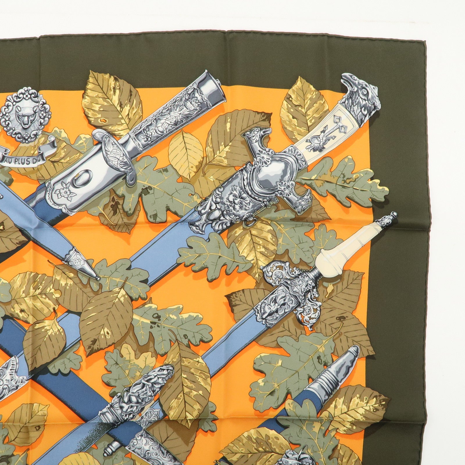 HERMES Carre90 Silk 100% Scarf AU PLUS DRU Khaki Orange Used