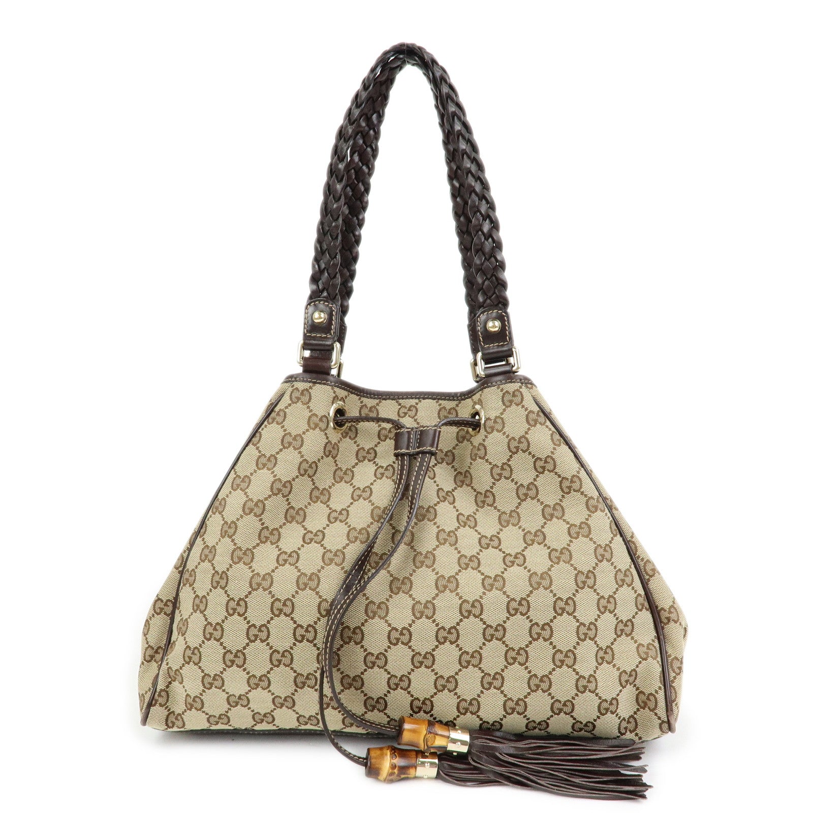 GUCCI Bamboo Fringe GG Canvas Leather Tote Bag Beige Brown 170582
