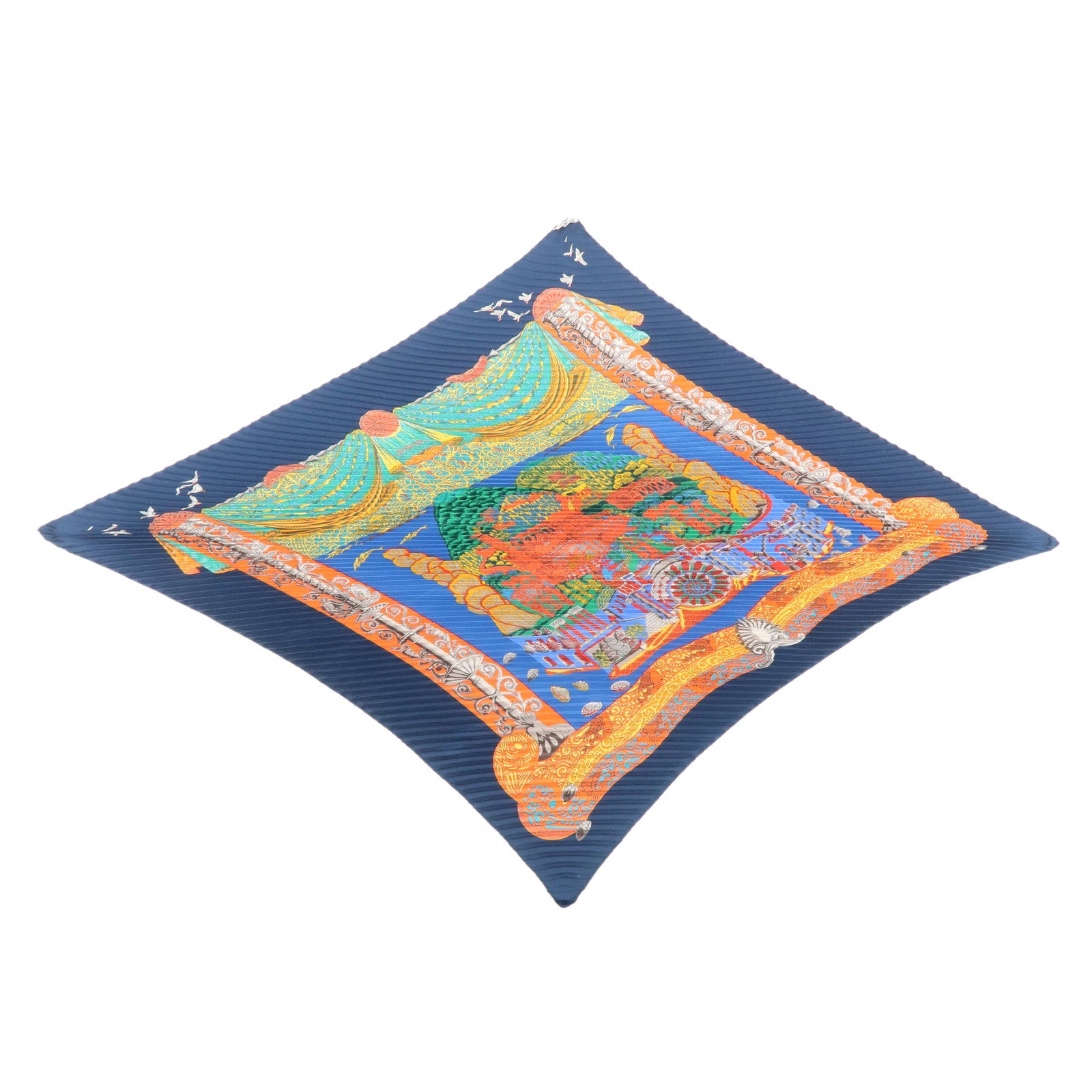 HERMES Silk 100% Pleats Carre Scarf L'ATLANTiDE Navy Red Used