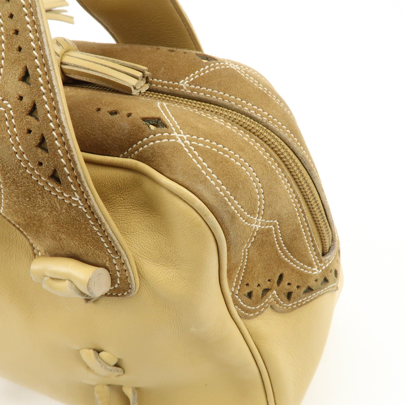 LOEWE Anagram Leather Suede Punching Boston Bag Beige Used