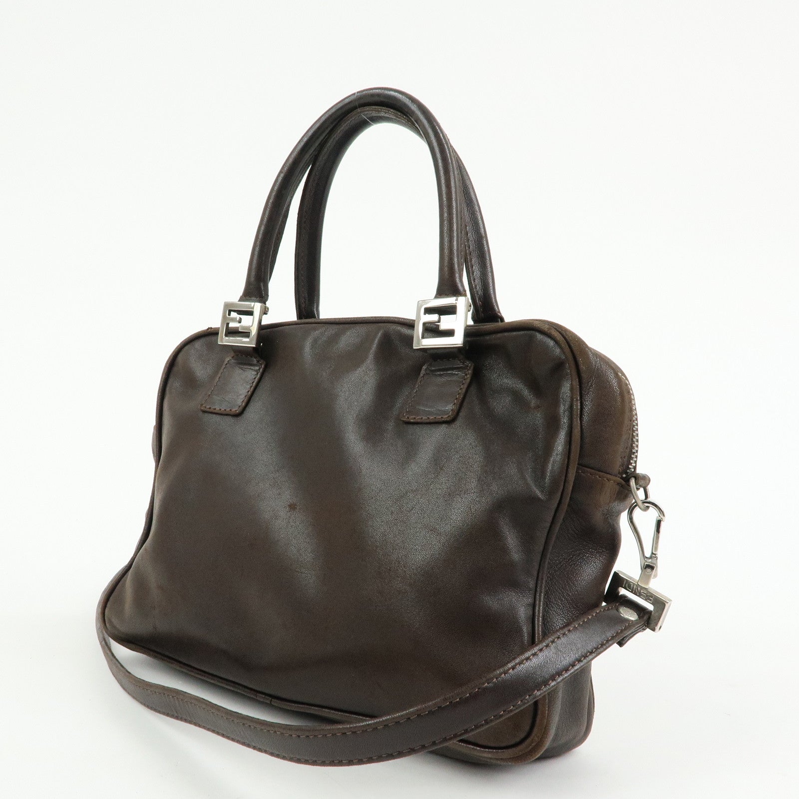 FENDI Leather 2Way Bag Hand Bag Shoulder Bag Brown