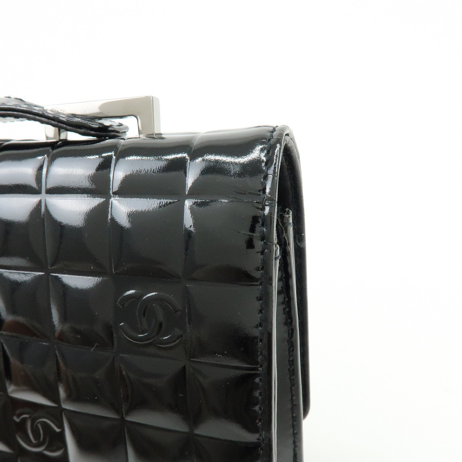 CHANEL Chocolate Bar COCO Mark Patent Leather Hand Bag Black
