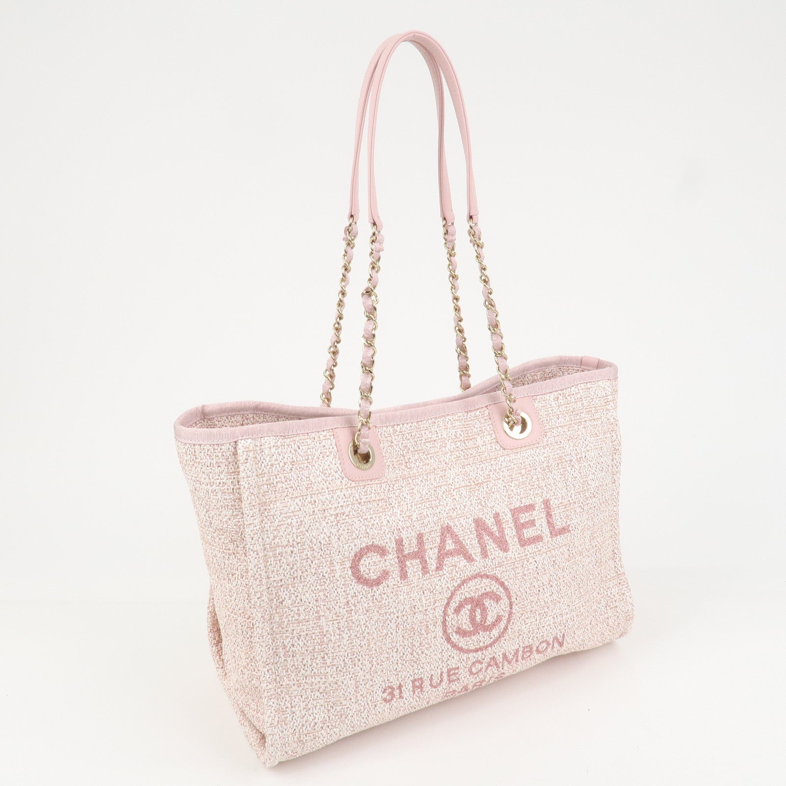 CHANEL Tweed Leather Deauville MM Shoulder Bag Tote Bag Pink