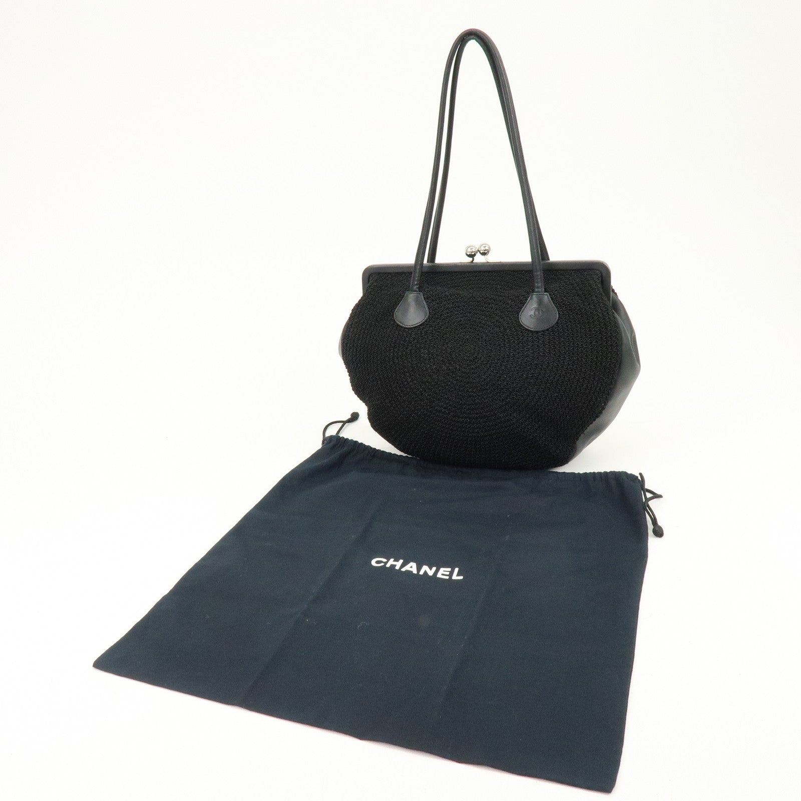 CHANEL COCO Mark Nylon Leather Kiss Lock Purse Shoulder Bag Black