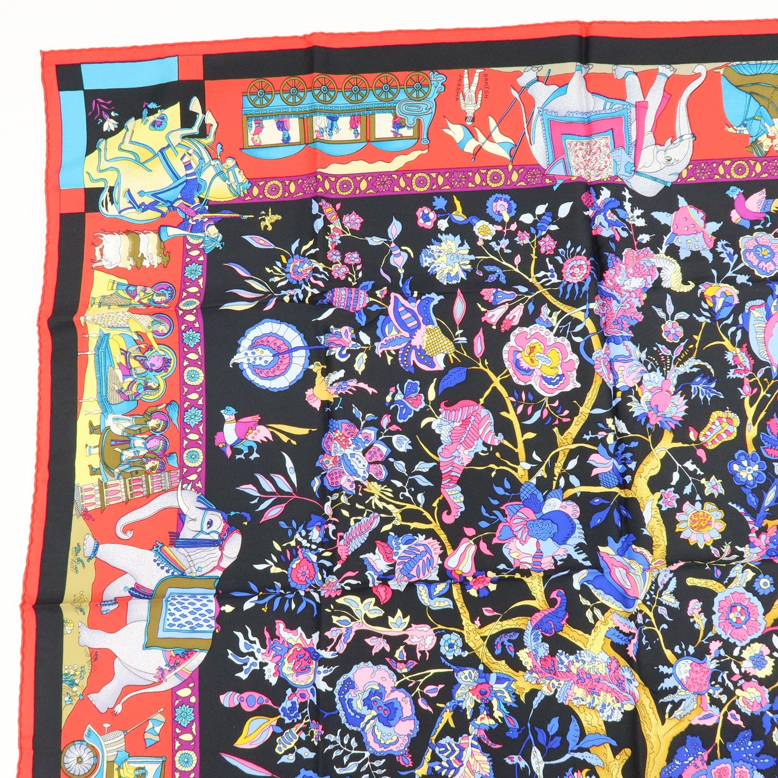 HERMES Carre 90 Silk 100% Scarf Fantaisies indiennes Black Red Blue