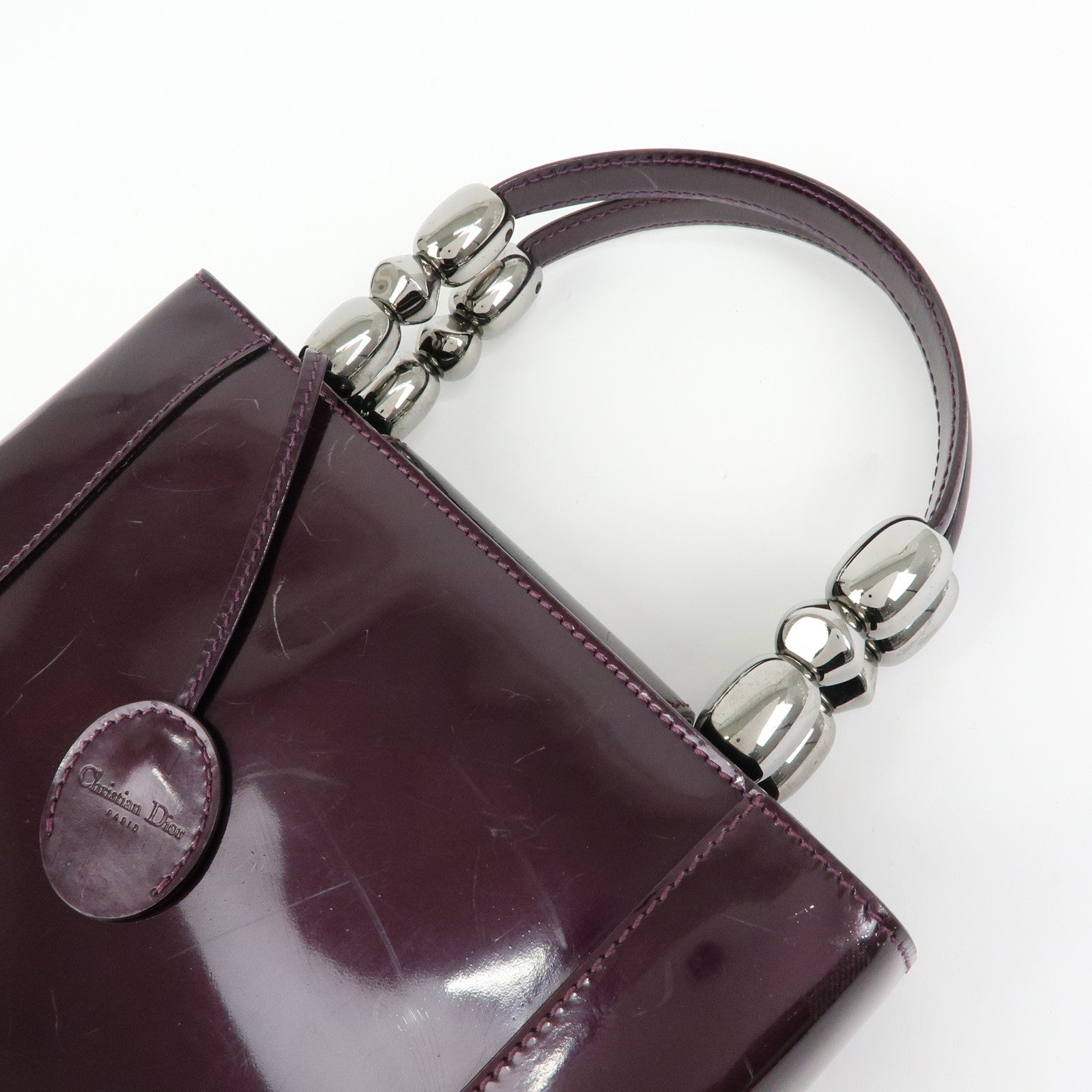 Christian Dior Maris Pearl Patent Leather Tote Bag Hand Bag Purple