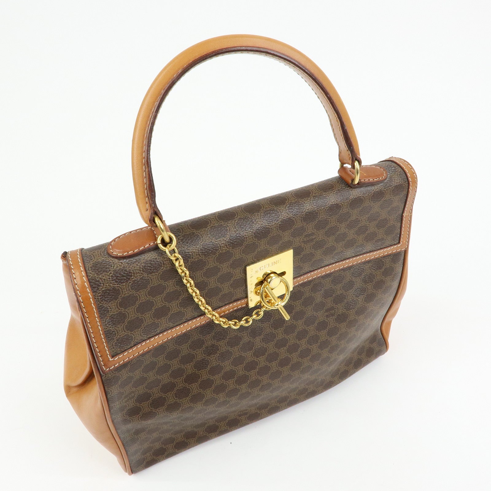 CELINE Macadam PVC Leather Hand Bag Top Handle Flap Bag Brown