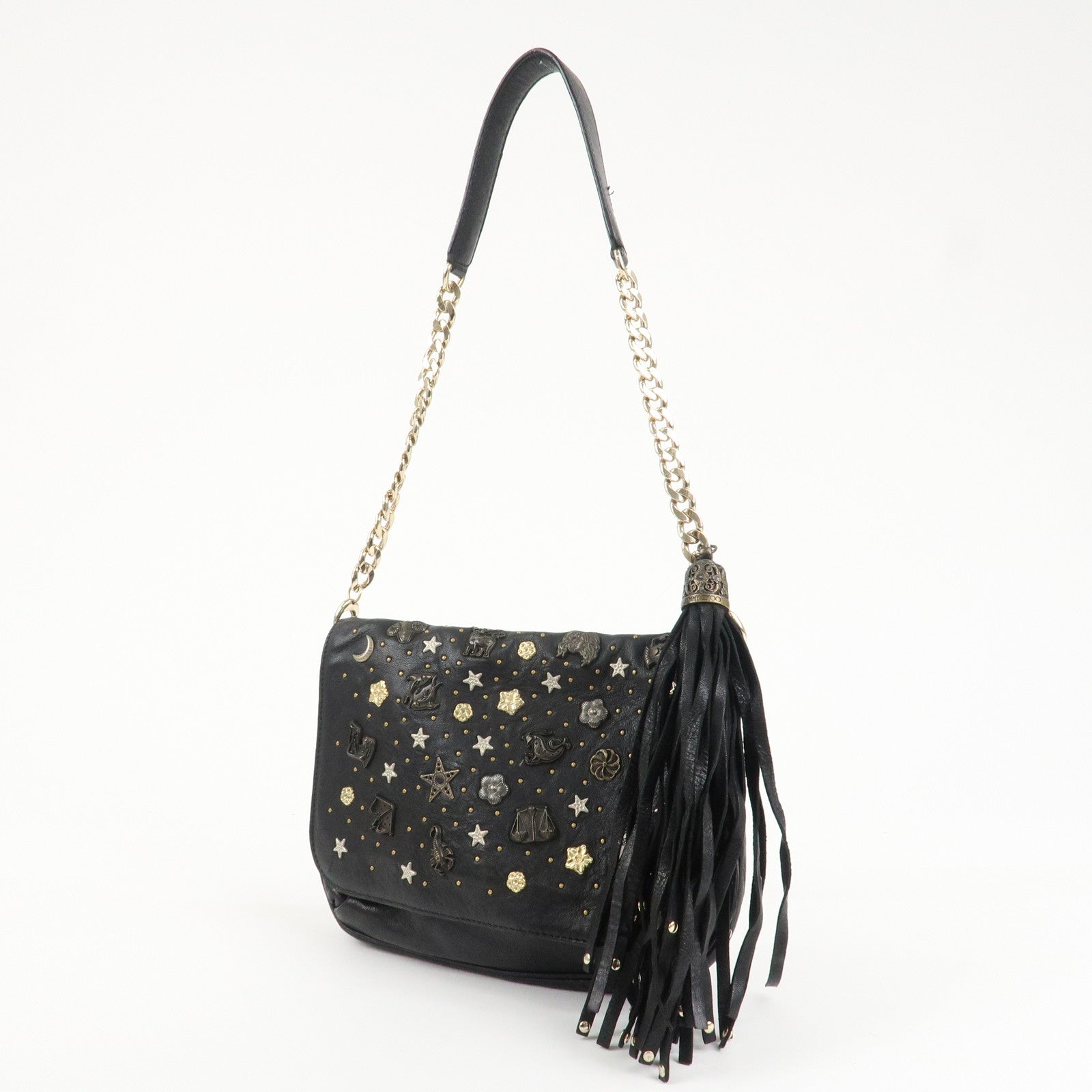 JIMMY CHOO Zodiac Leather Studs Shoulder Bag Black Gold HDW Used