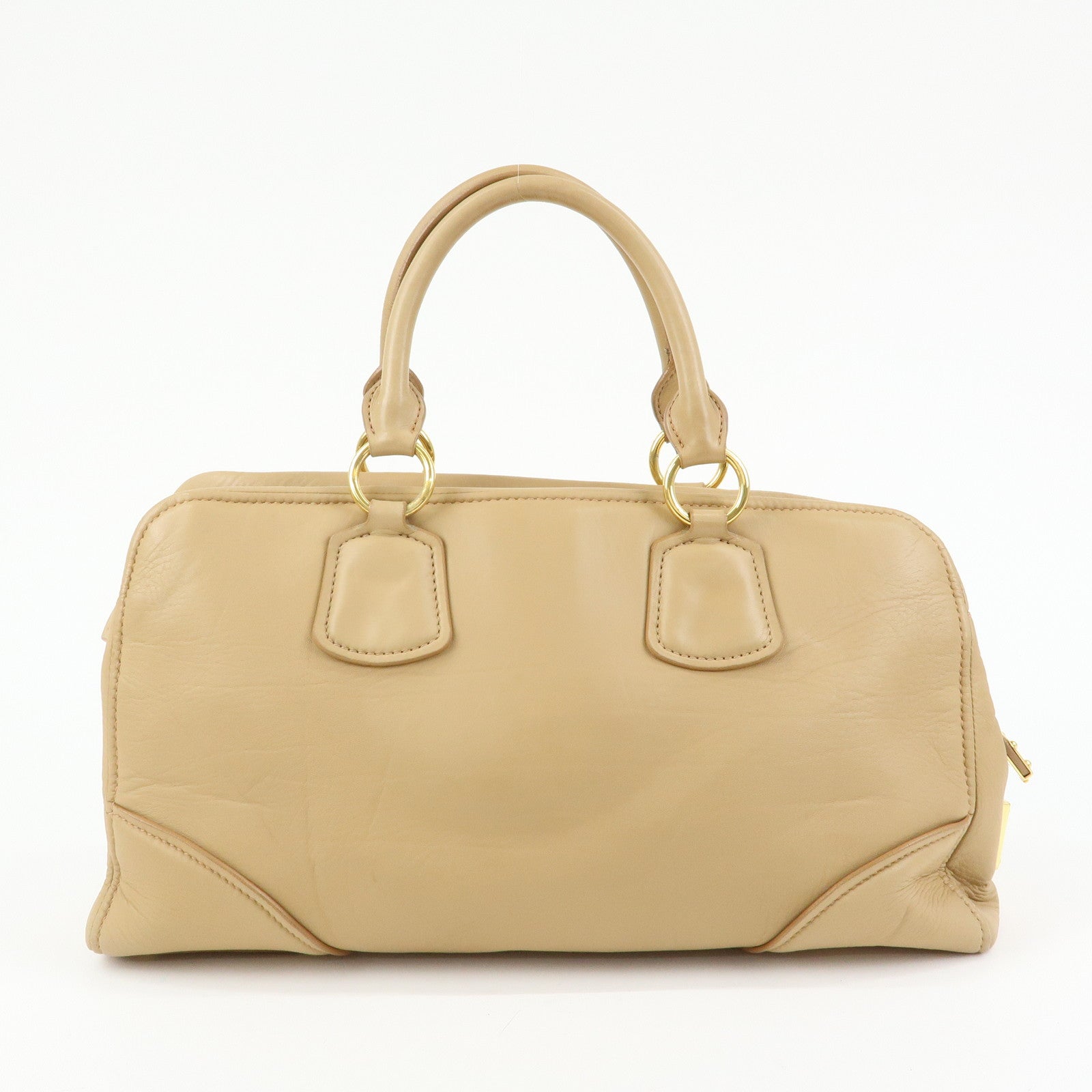 MIU MIU Logo Leather Hand Bag Boston Bag Beige
