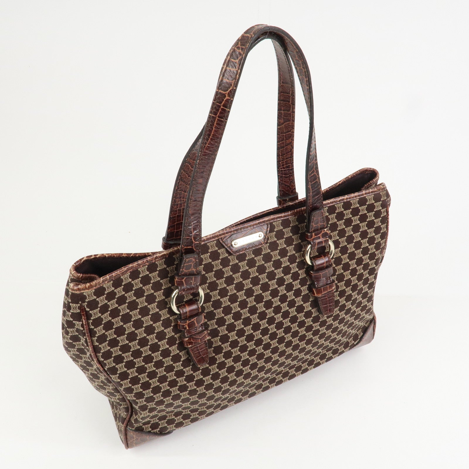CELINE Macadam Canvas Embossed Leather Tote Bag Shoulder Bag Brown